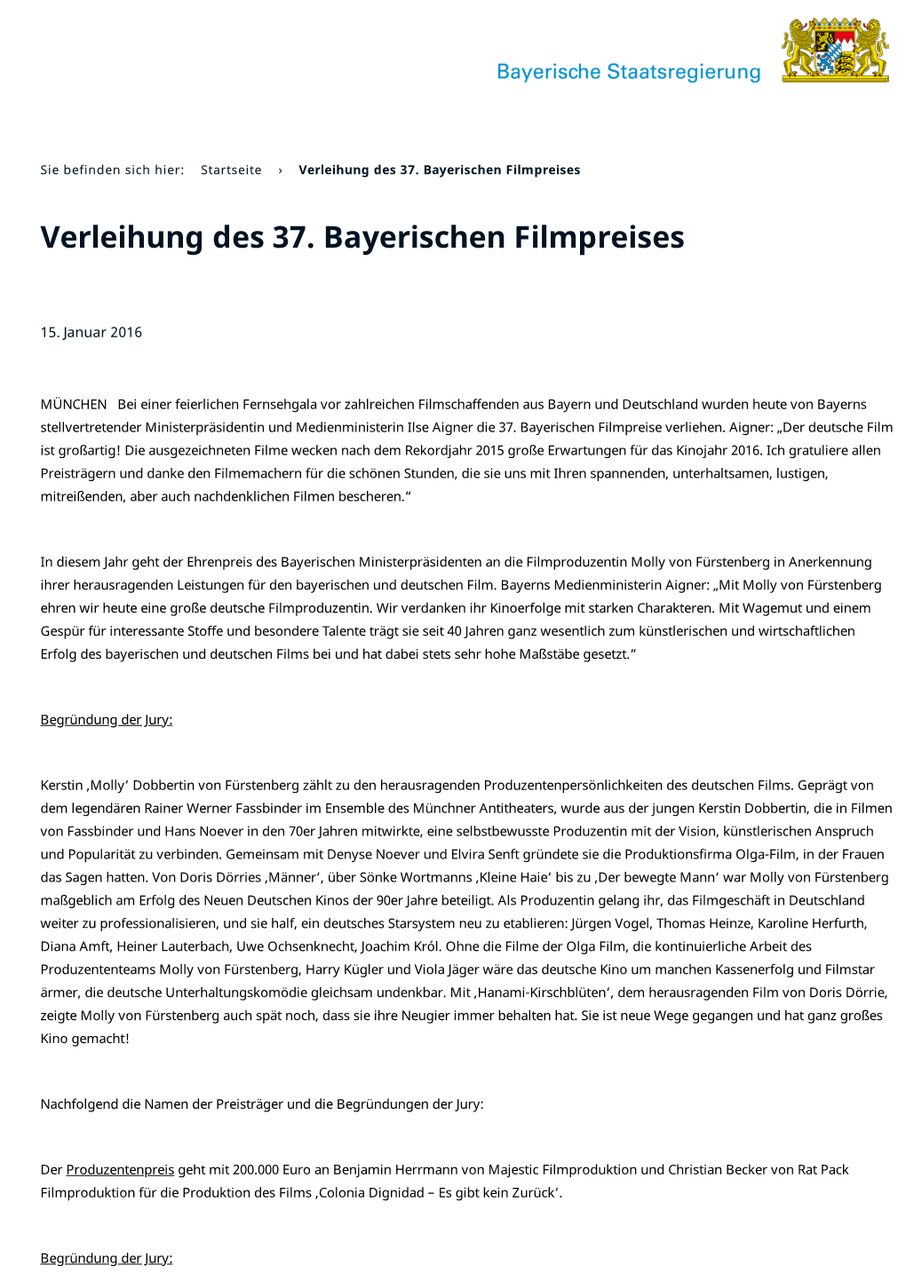 Verleihung Des 37. Bayerischen Filmpreises