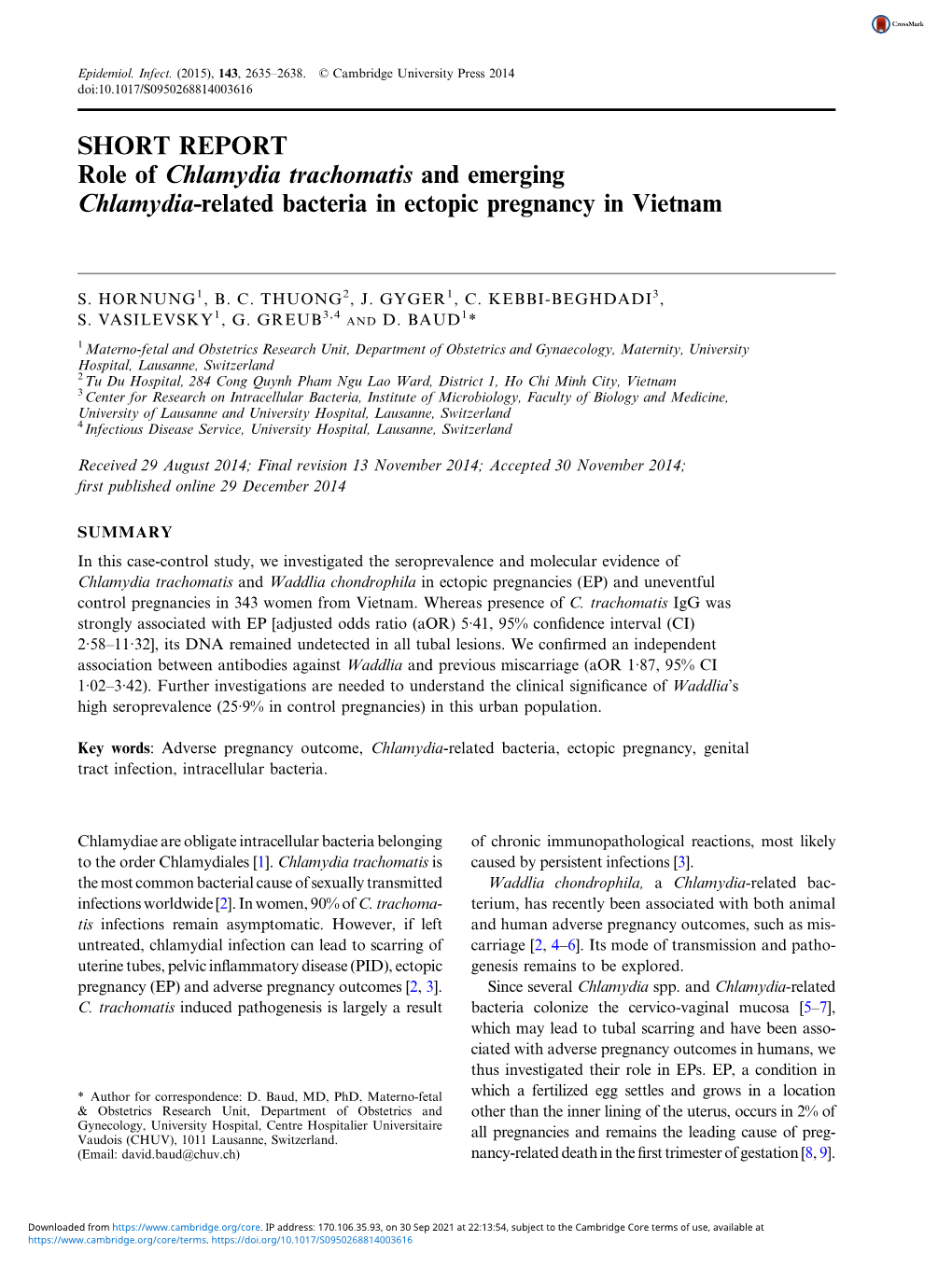 SHORT REPORT Role of Chlamydia Trachomatis and Emerging Chlamydia-Related Bacteria in Ectopic Pregnancy in Vietnam