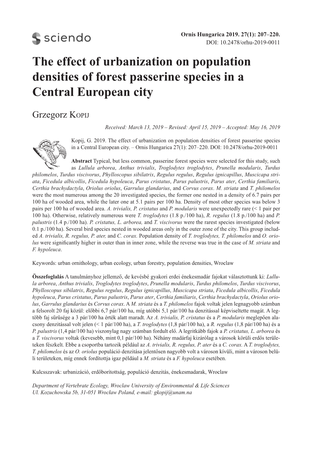 The Effect of Urbanization on Population Densities of Forest Passerine Species in a Central European City