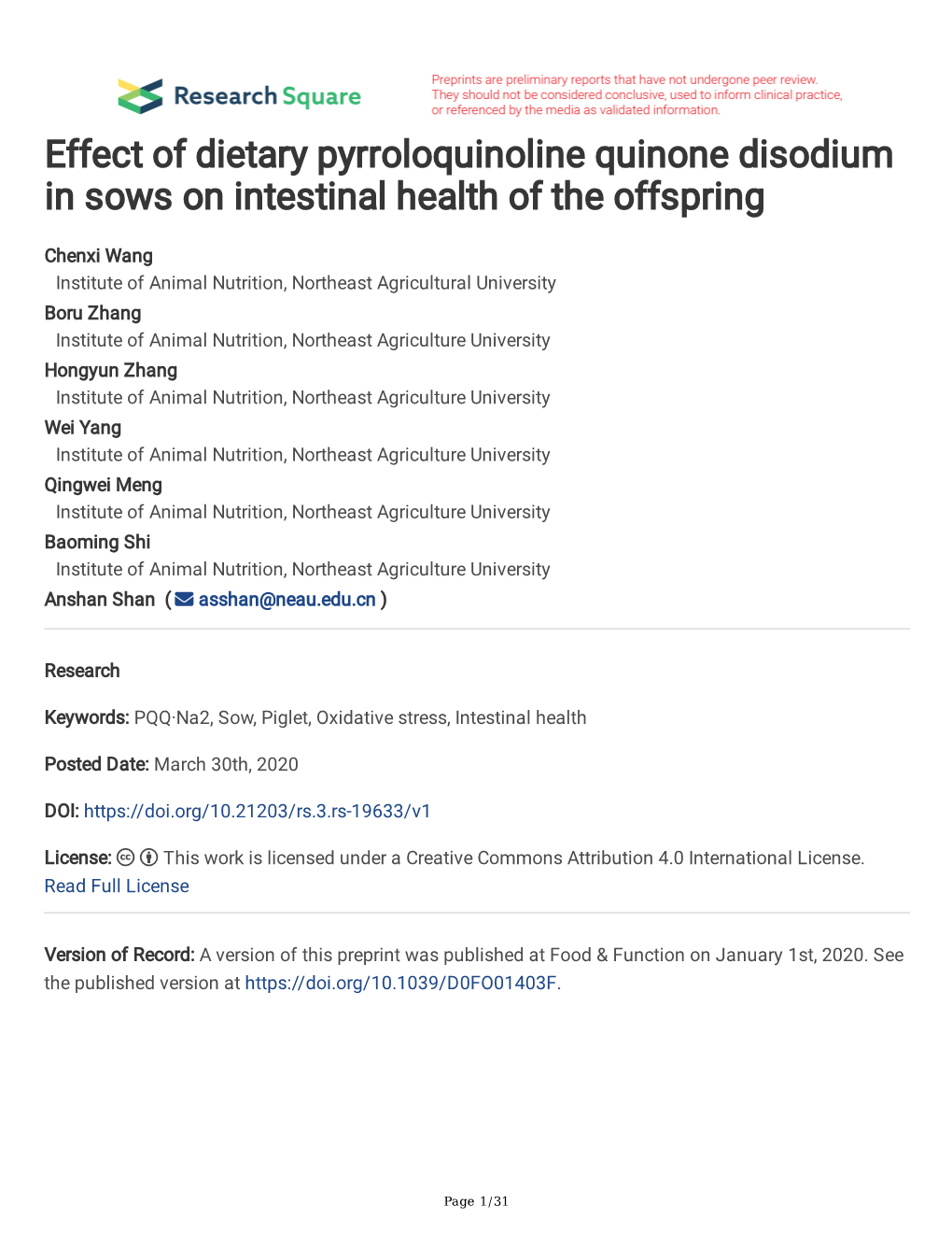 Effect of Dietary Pyrroloquinoline Quinone Disodium in Sows on Intestinal Health of the Offspring