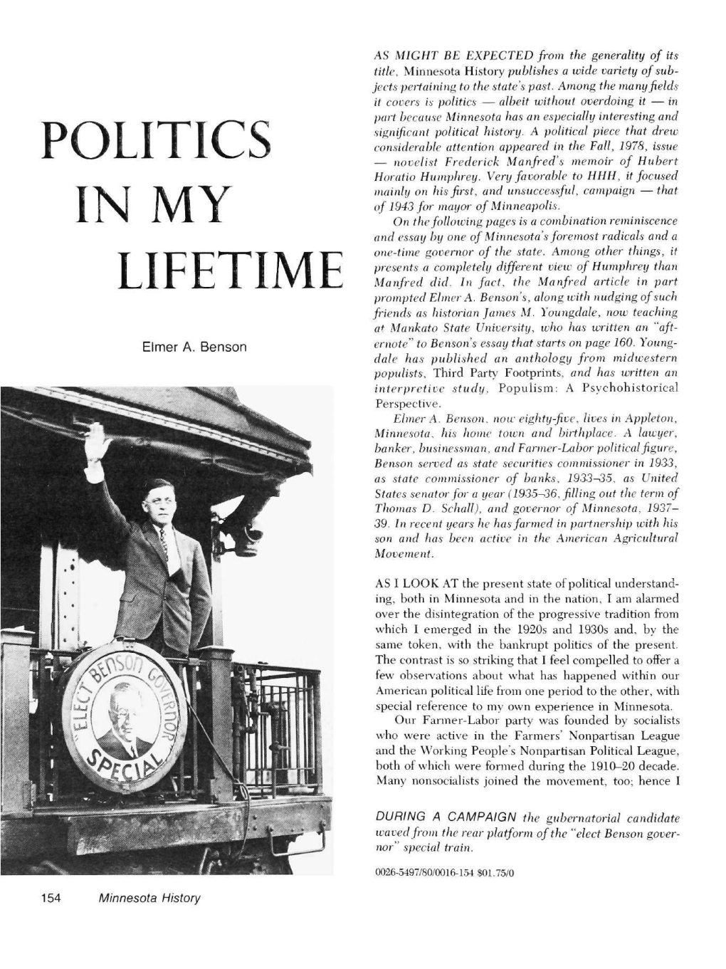 Politics in My Lifetime / Elmer A. Benson