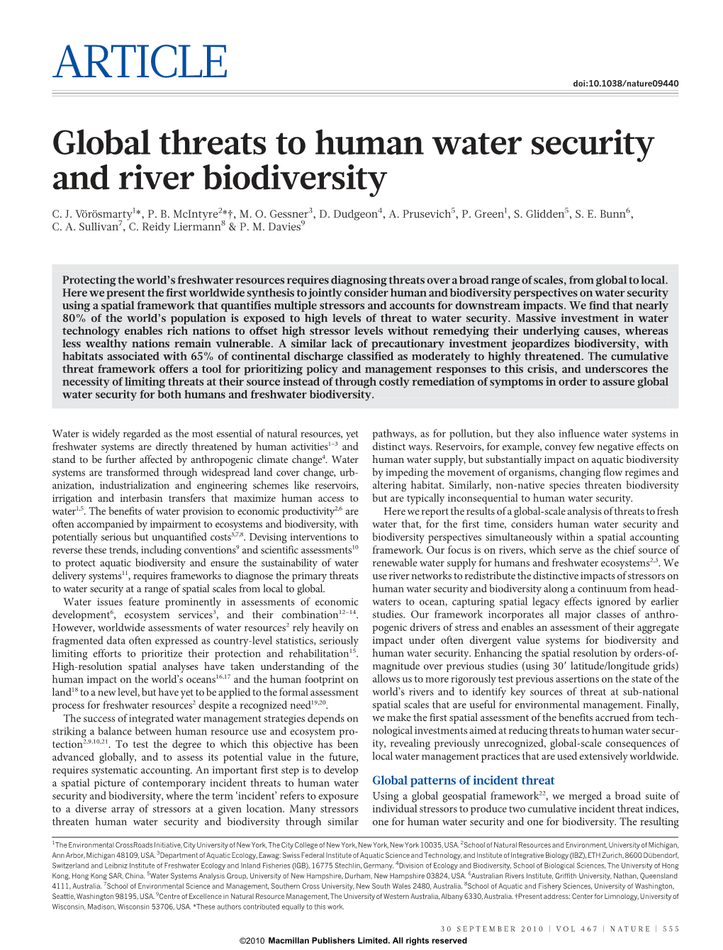 Global Threats to Human Water Security and River Biodiversity