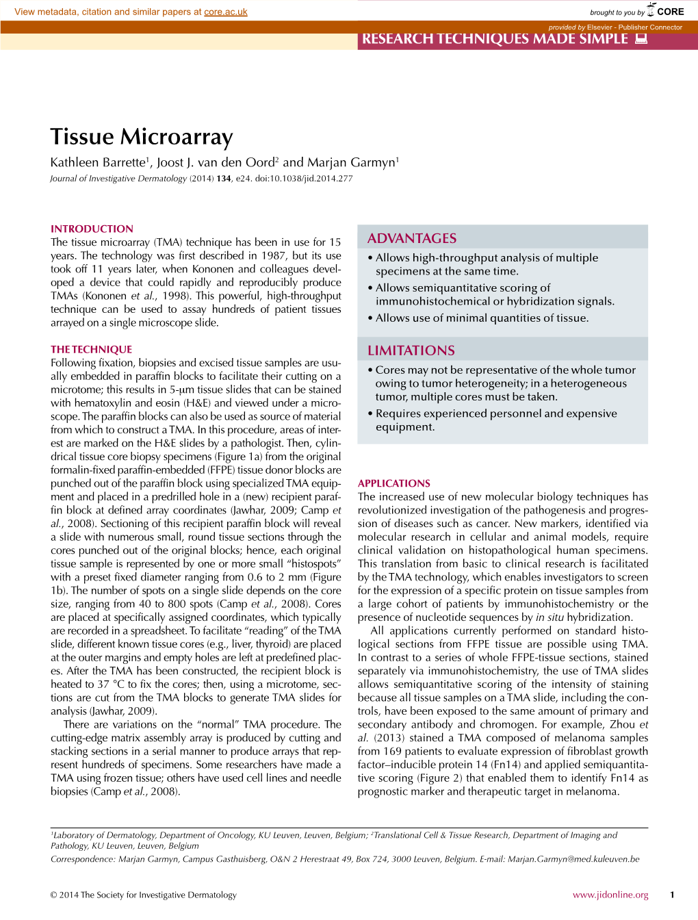 Tissue Microarray Kathleen Barrette1, Joost J