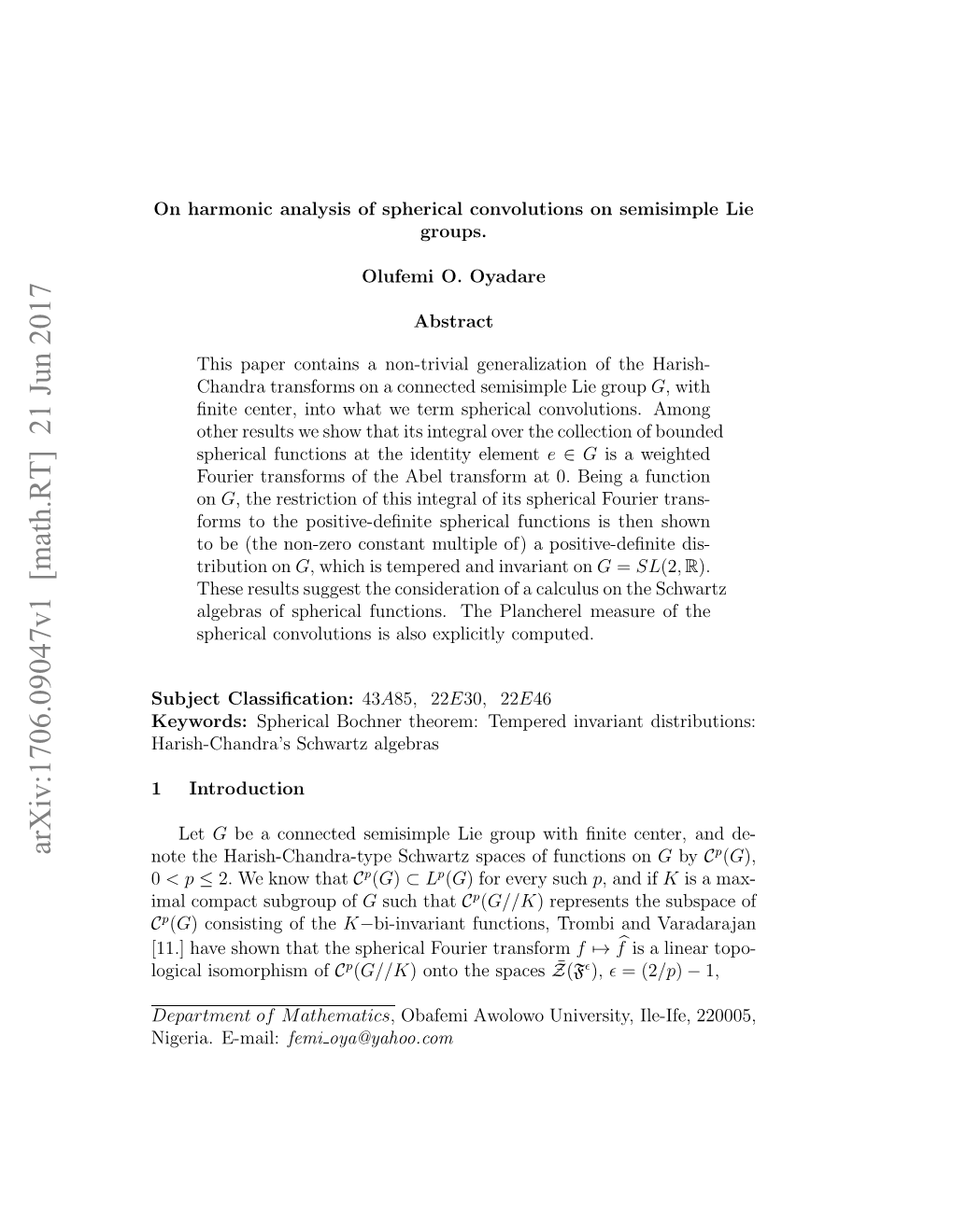 Arxiv:1706.09047V1 [Math.RT] 21 Jun 2017 Iei.E-Mail: Nigeria