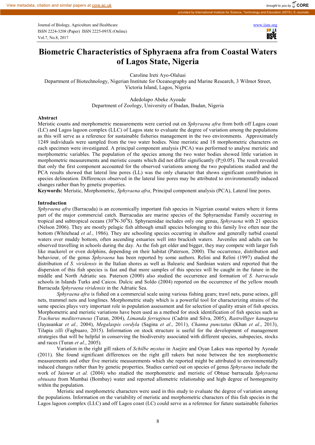 Biometric Characteristics of Sphyraena Afra from Coastal Waters of Lagos State, Nigeria