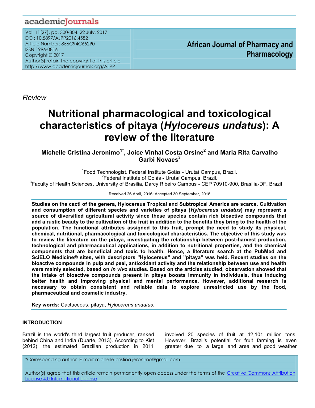 Hylocereus Undatus): a Review of the Literature