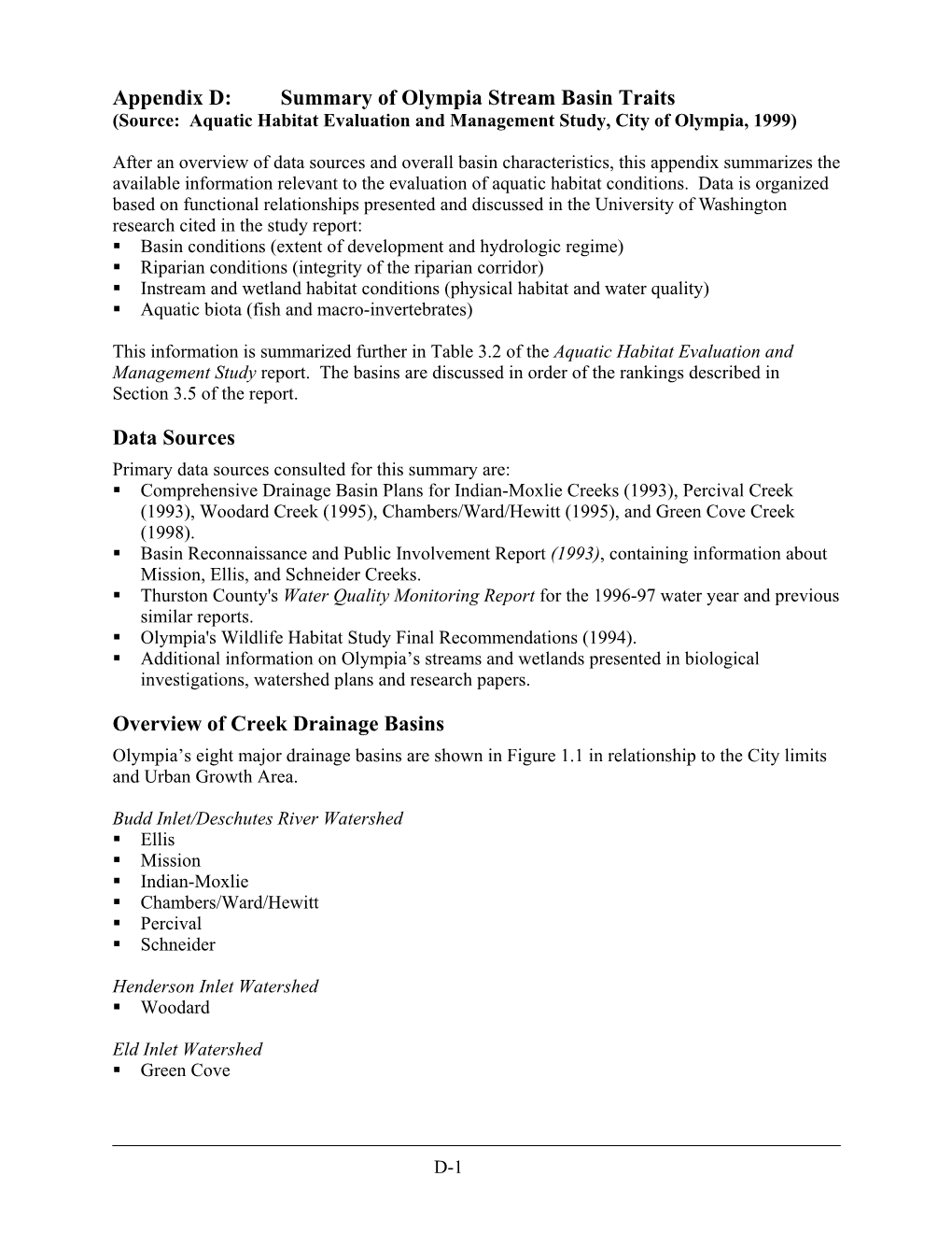 Appendix D: Summary of Olympia Stream Basin Traits Data Sources