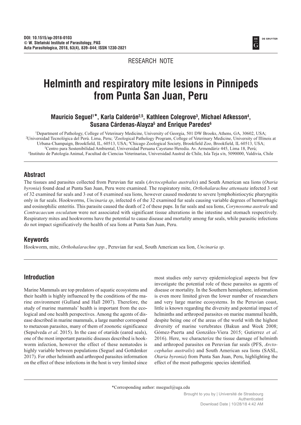 Helminth and Respiratory Mite Lesions in Pinnipeds from Punta San Juan, Peru