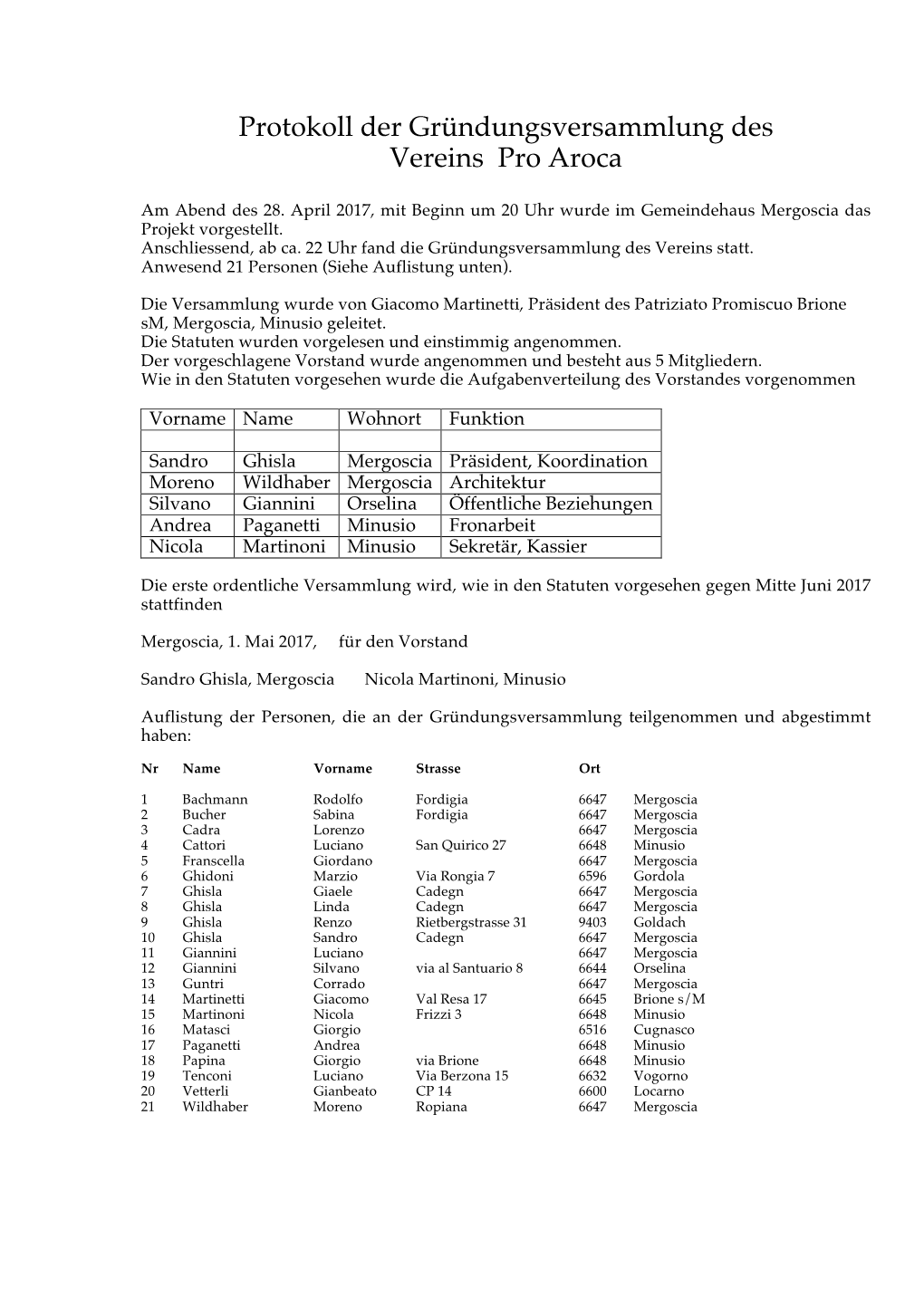 Protokoll Der Gründungsversammlung Des Vereins Pro Aroca