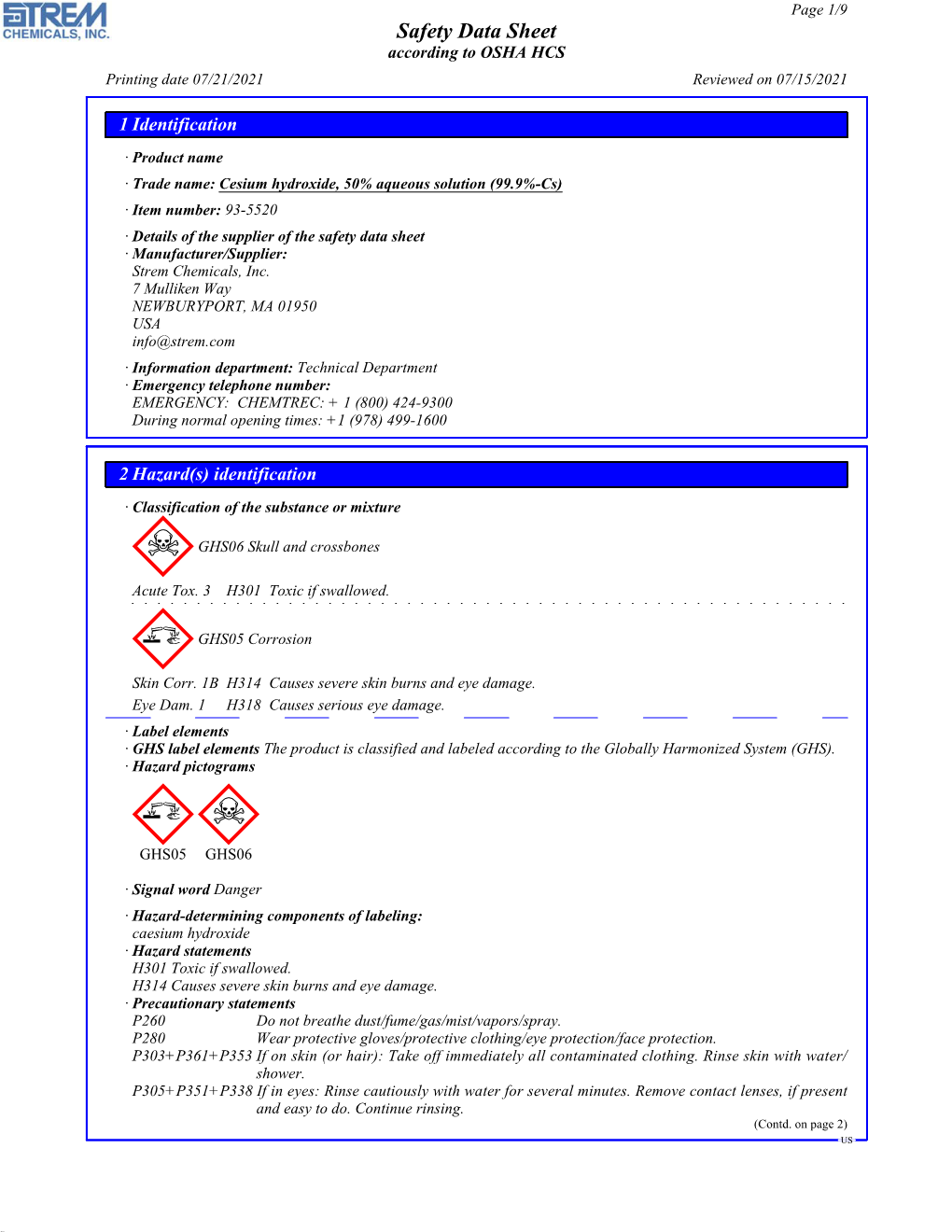 Data Sheet According to OSHA HCS Printing Date 07/21/2021 Reviewed on 07/15/2021