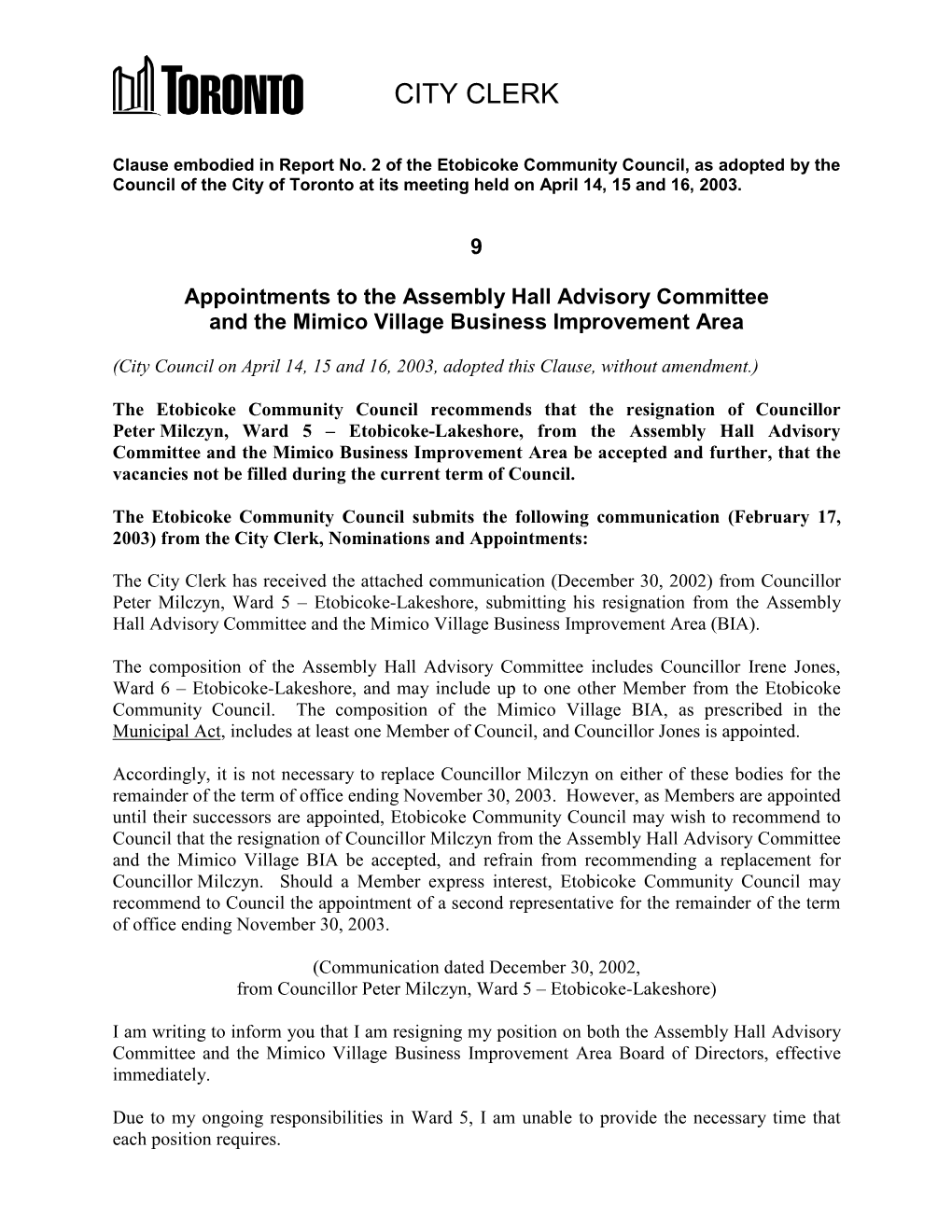 9 Appointments to the Assembly Hall Advisory Committee and the Mimico Village Business Improvement Area