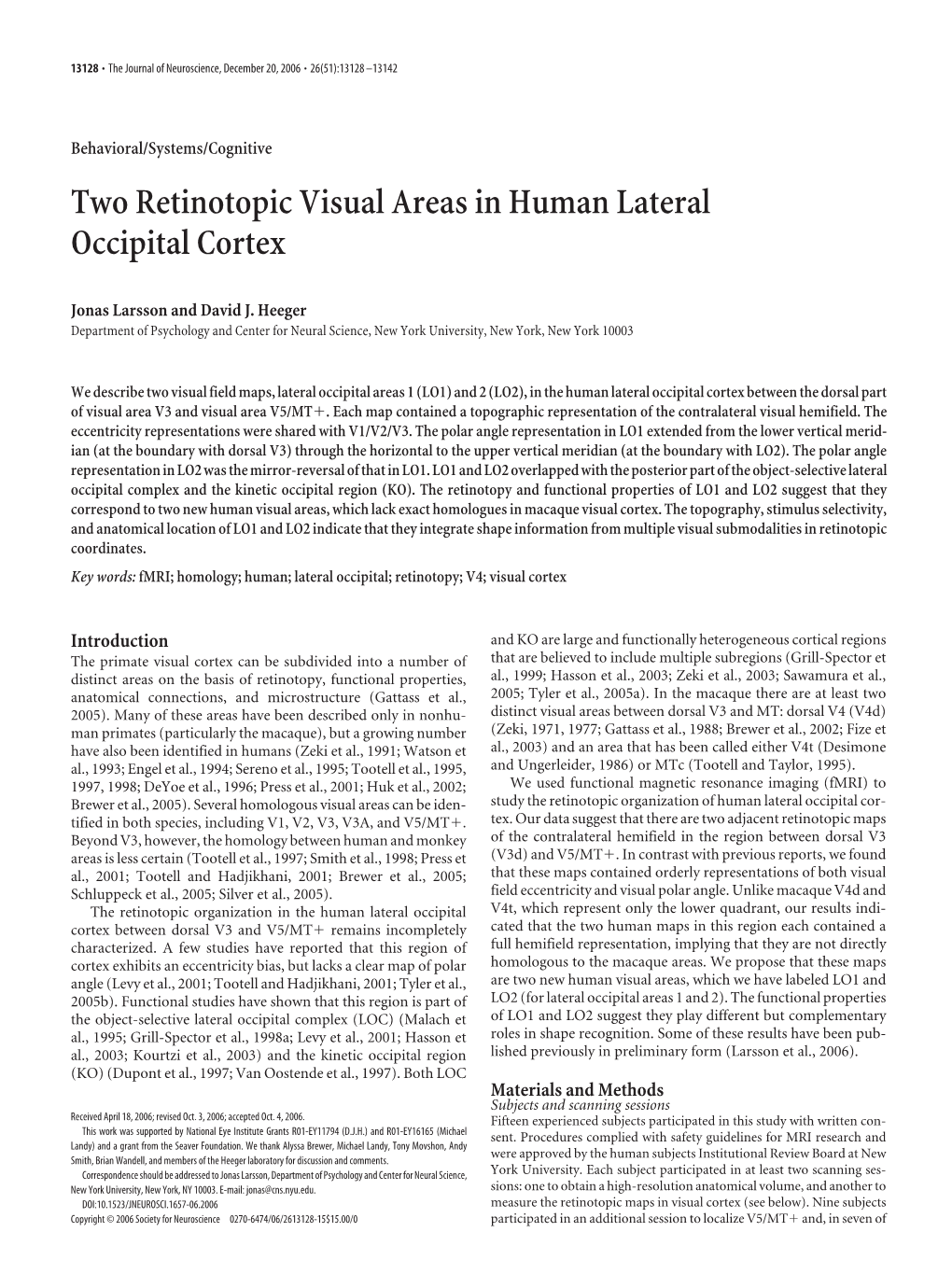 Two Retinotopic Visual Areas in Human Lateral Occipital Cortex