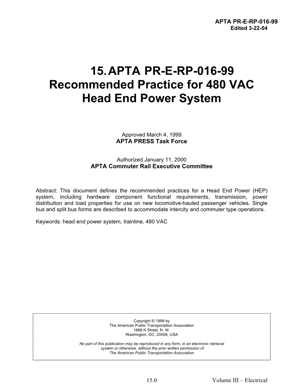 Recommended Practice for 480 VAC Head End Power System