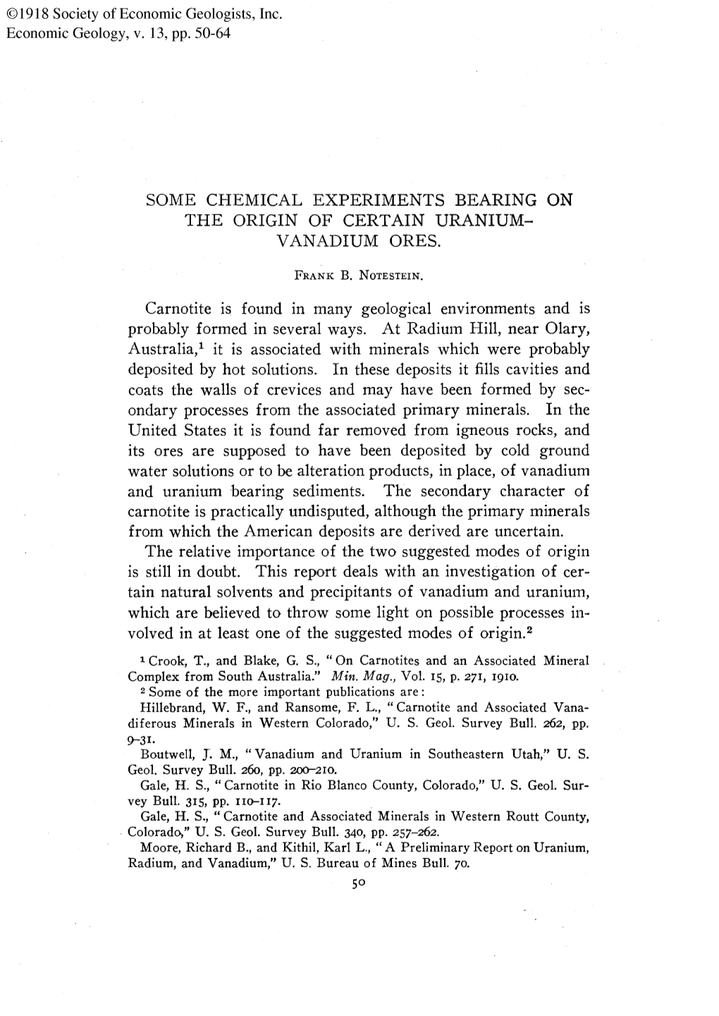 Some Chemical Experiments Bearing on the Origin of Certain Uranium-Vanadium Ores