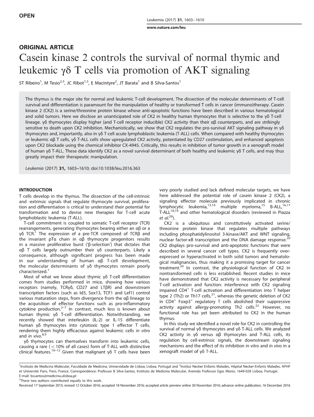 Casein Kinase 2 Controls the Survival of Normal Thymic and Leukemic Γδ T Cells Via Promotion of AKT Signaling