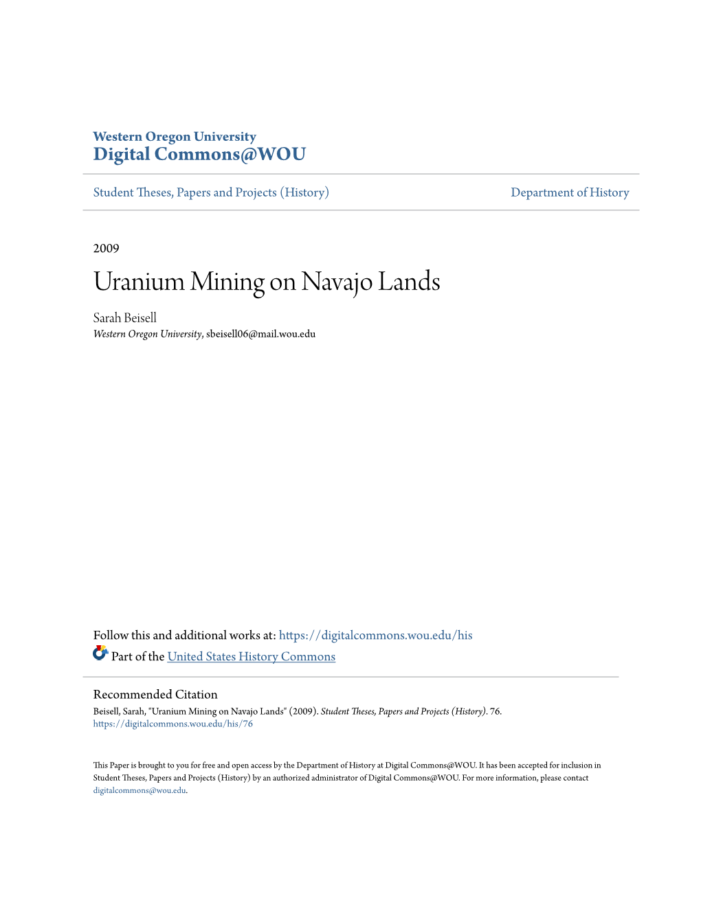 Uranium Mining on Navajo Lands Sarah Beisell Western Oregon University, Sbeisell06@Mail.Wou.Edu