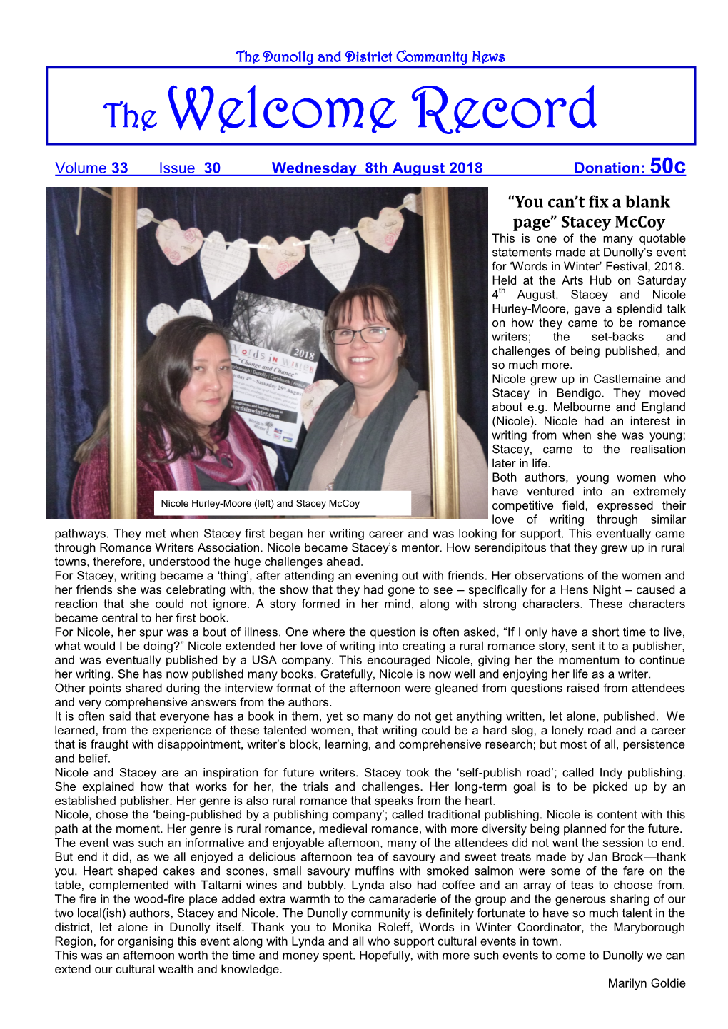 The Welcome Record Volume 33 Issue 30 Wednesday 8Th August 2018