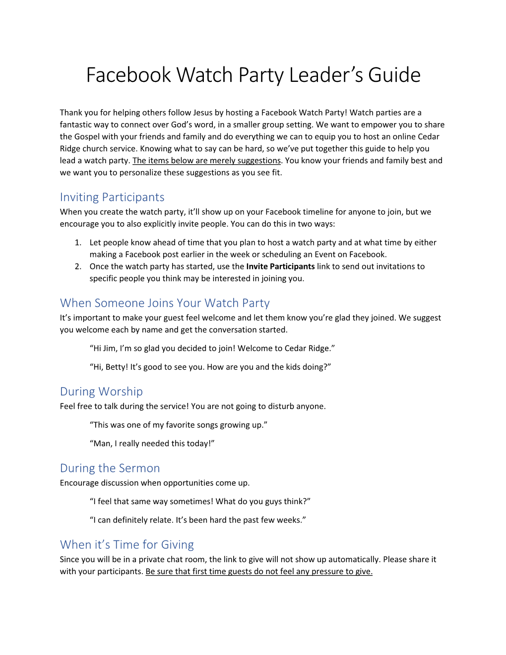 Facebook Watch Party Leader's Guide