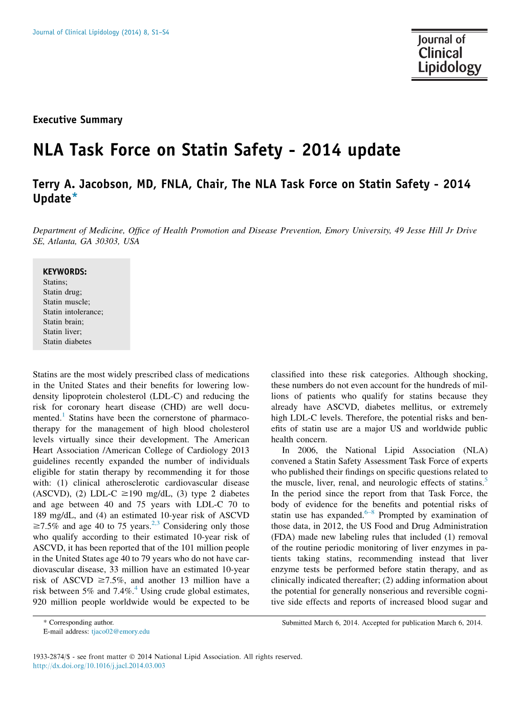 NLA Task Force on Statin Safety - 2014 Update