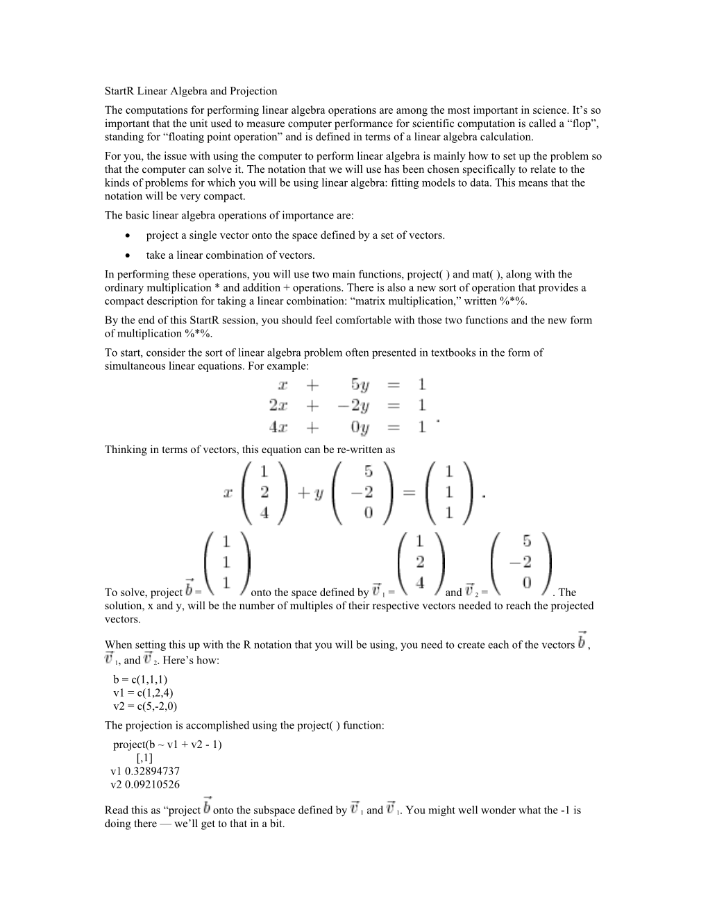 Startr Linear Algebra and Projection