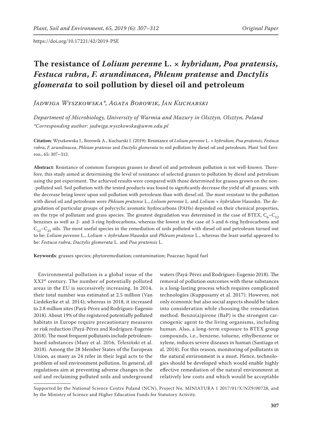 The Resistance of Lolium Perenne L. × Hybridum, Poa Pratensis, Festuca Rubra, F