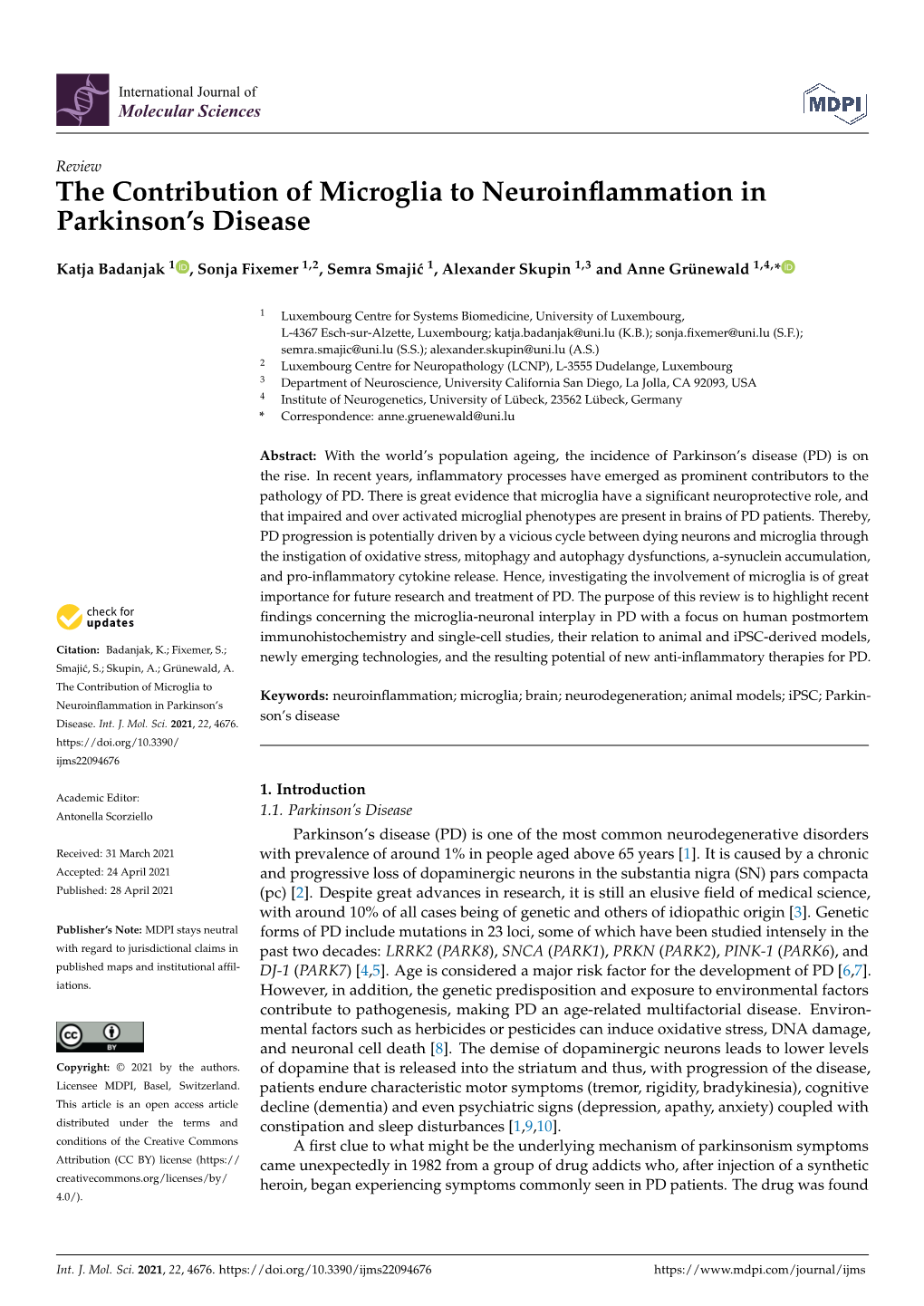 The Contribution of Microglia to Neuroinflammation in Parkinson's