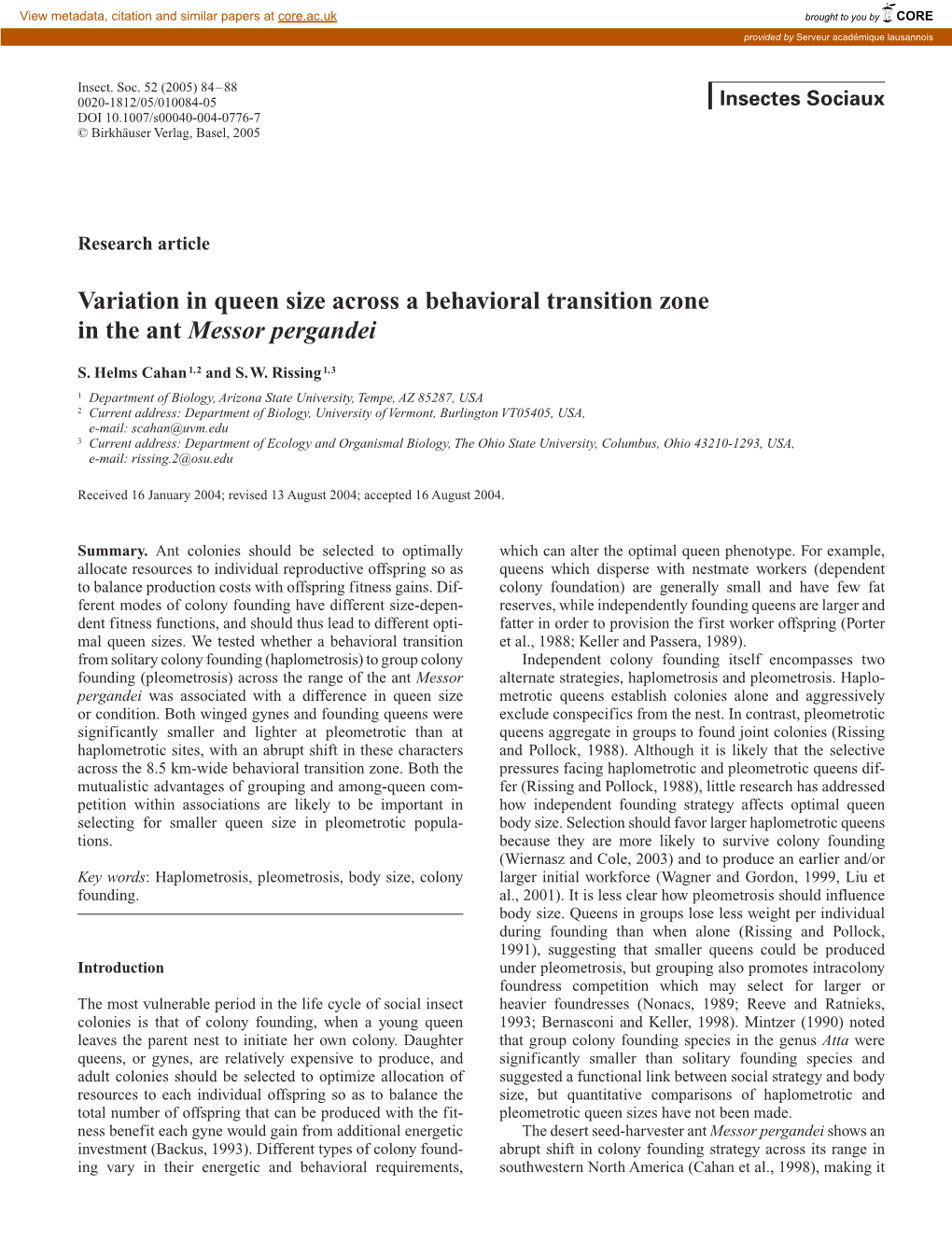 Variation in Queen Size Across a Behavioral Transition Zone in the Ant Messor Pergandei