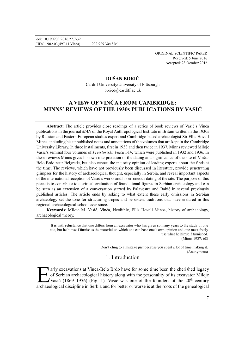 A VIEW of VINČA from CAMBRIDGE: MINNS’ REVIEWS of the 1930S PUBLICATIONS by VASIĆ