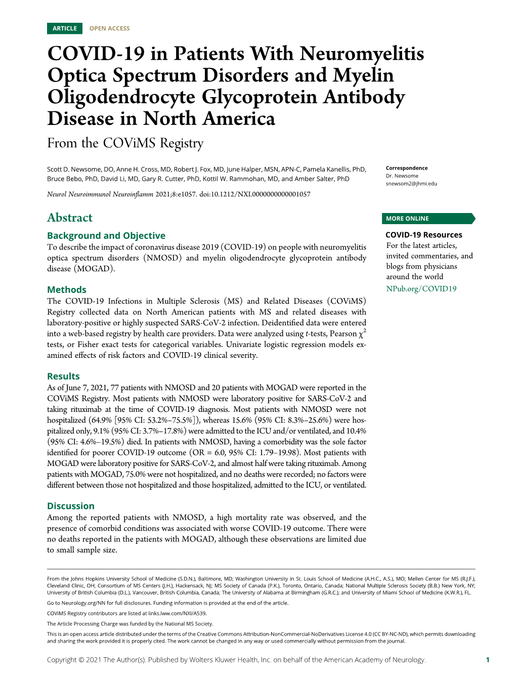 COVID-19 in Patients with Neuromyelitis Optica Spectrum Disorders and Myelin Oligodendrocyte Glycoprotein Antibody Disease in North America from the Covims Registry