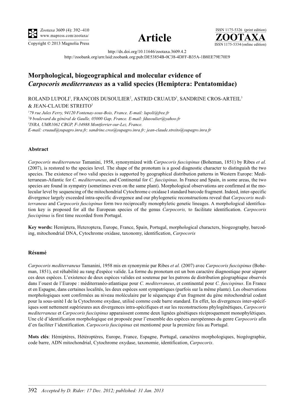 Morphological, Biogeographical and Molecular Evidence of Carpocoris Mediterraneus As a Valid Species (Hemiptera: Pentatomidae)