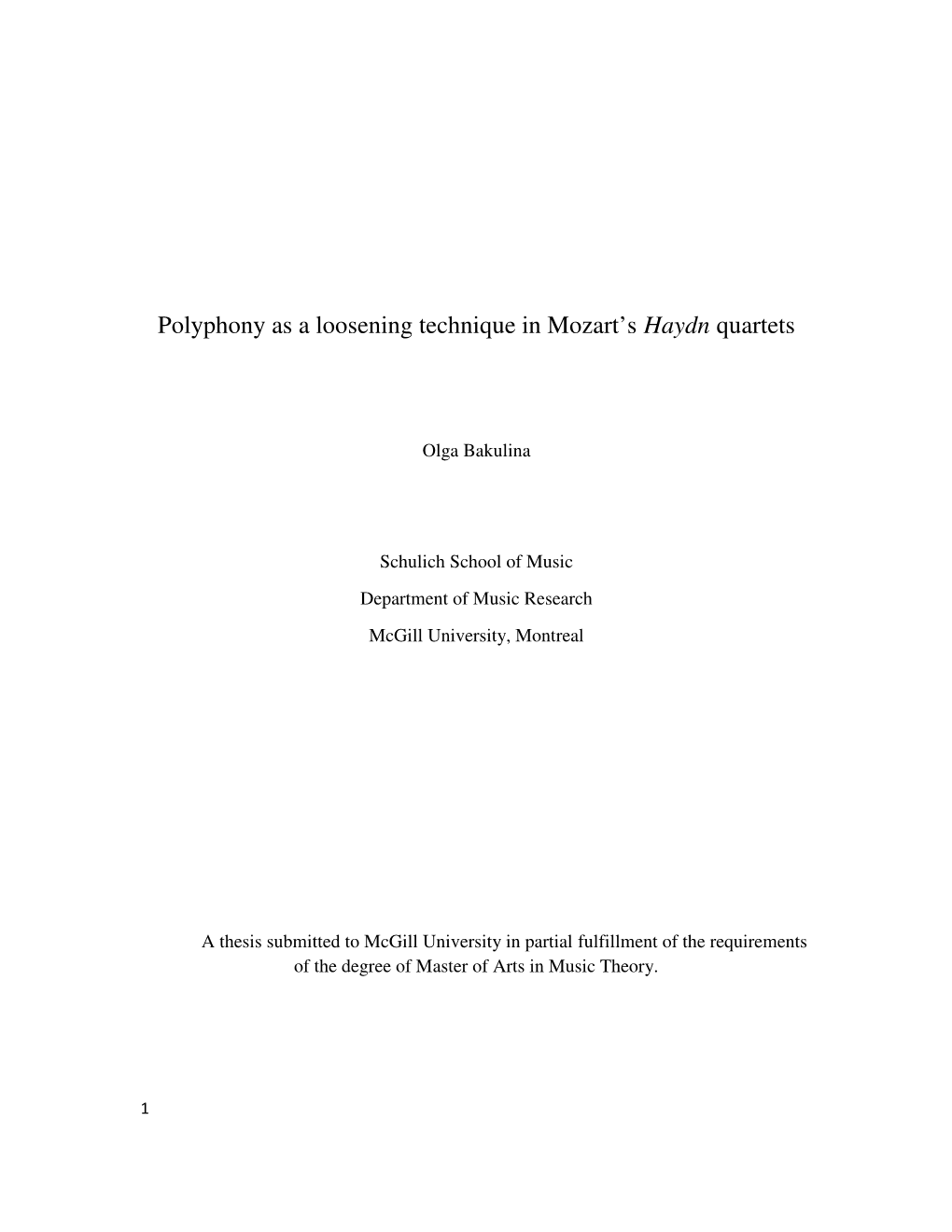 Polyphony As a Loosening Technique in Mozart's Haydn Quartets