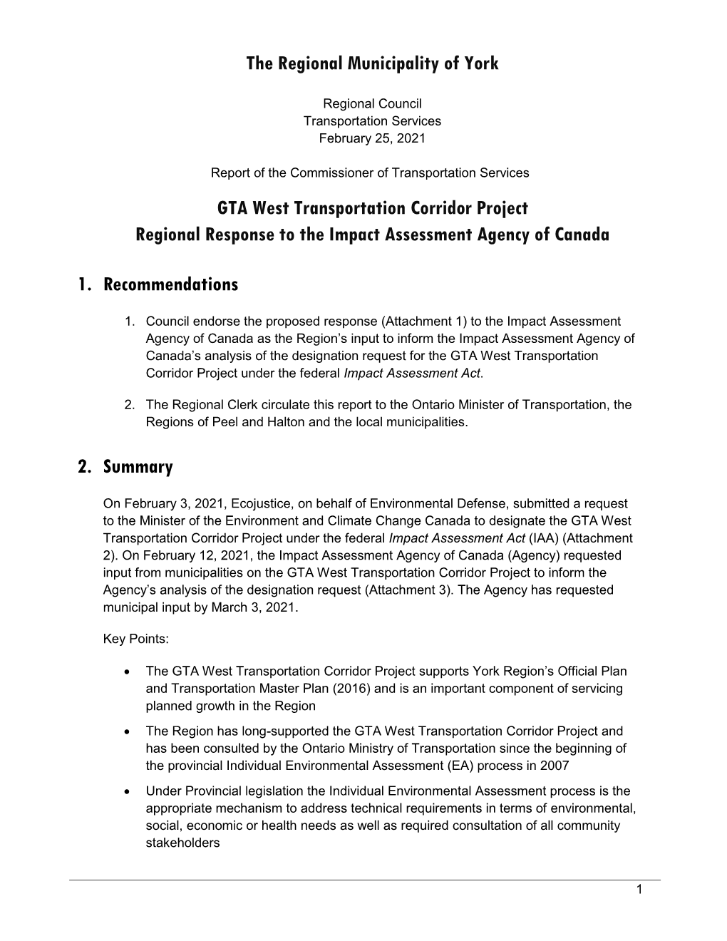 GTA West Transportation Corridor Project Regional Response to the Impact Assessment Agency of Canada