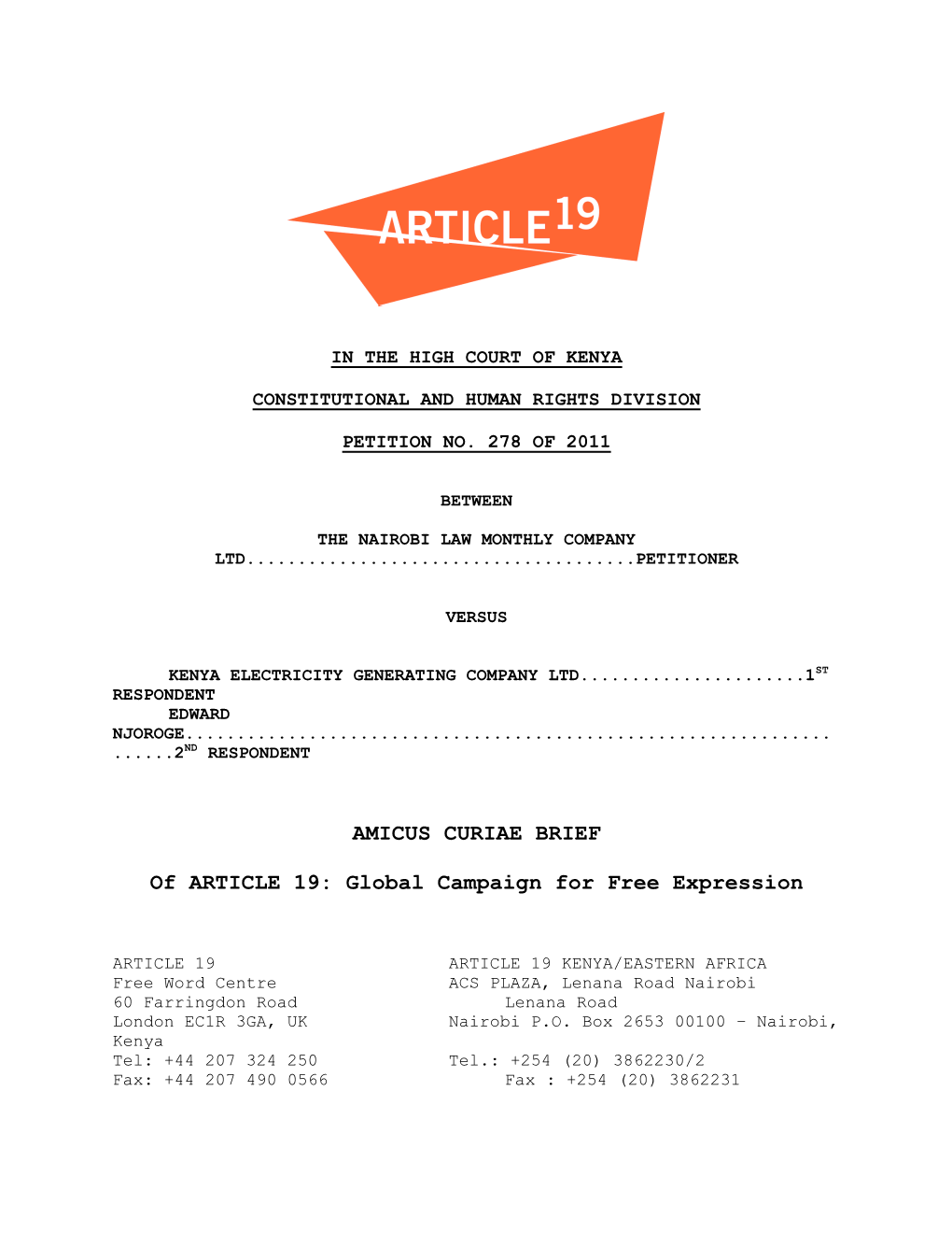 AMICUS CURIAE BRIEF of ARTICLE 19