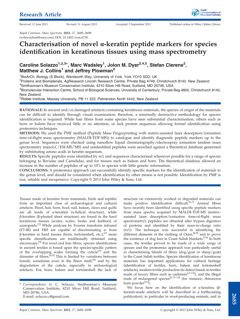 Characterisation of Novel Keratin Peptide Markers for Species