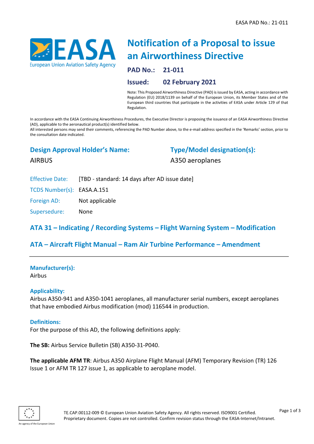 Notification of a Proposal to Issue an Airworthiness Directive