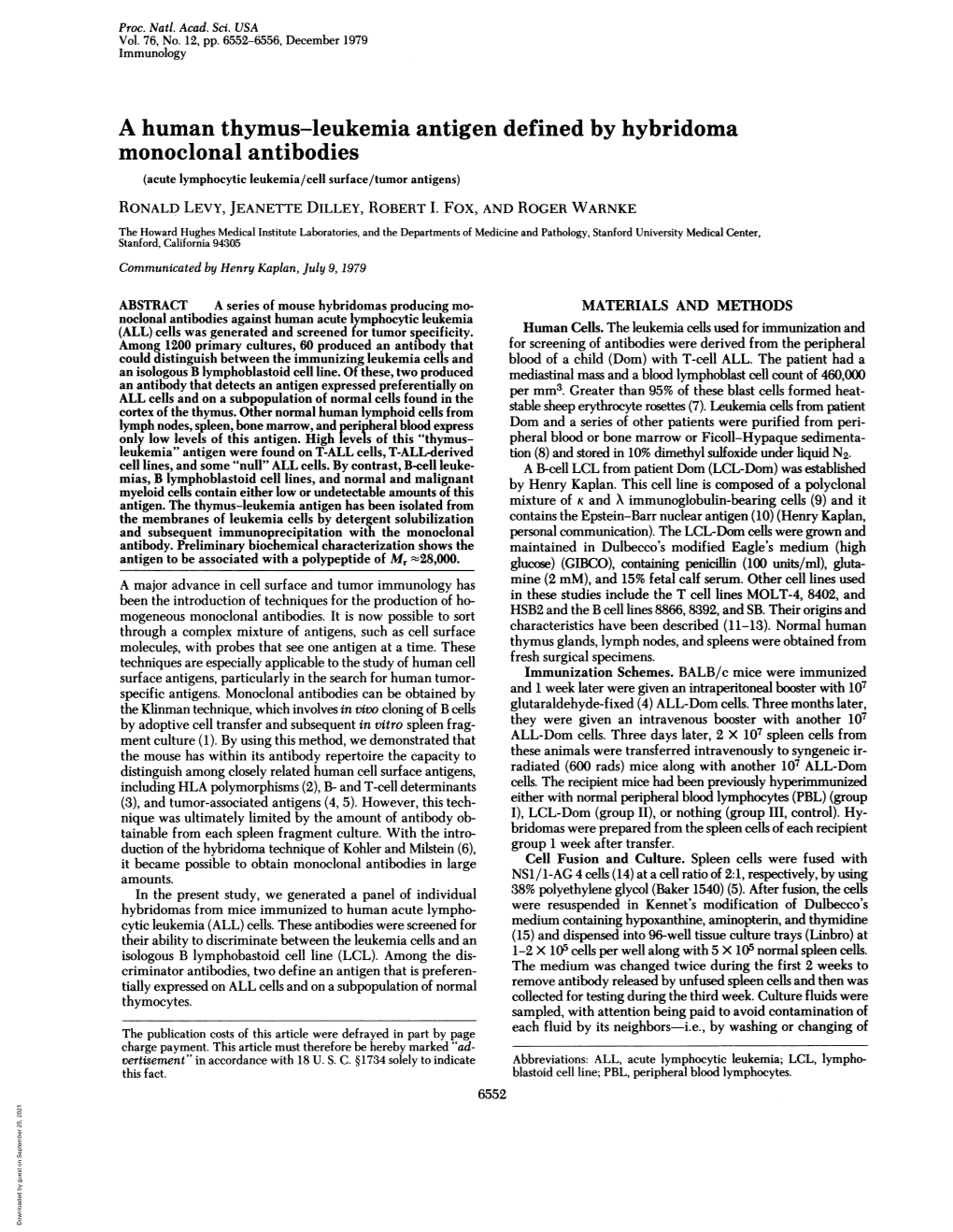 A Human Thymus-Leukemia Antigen Defined by Hybridoma Monoclonal