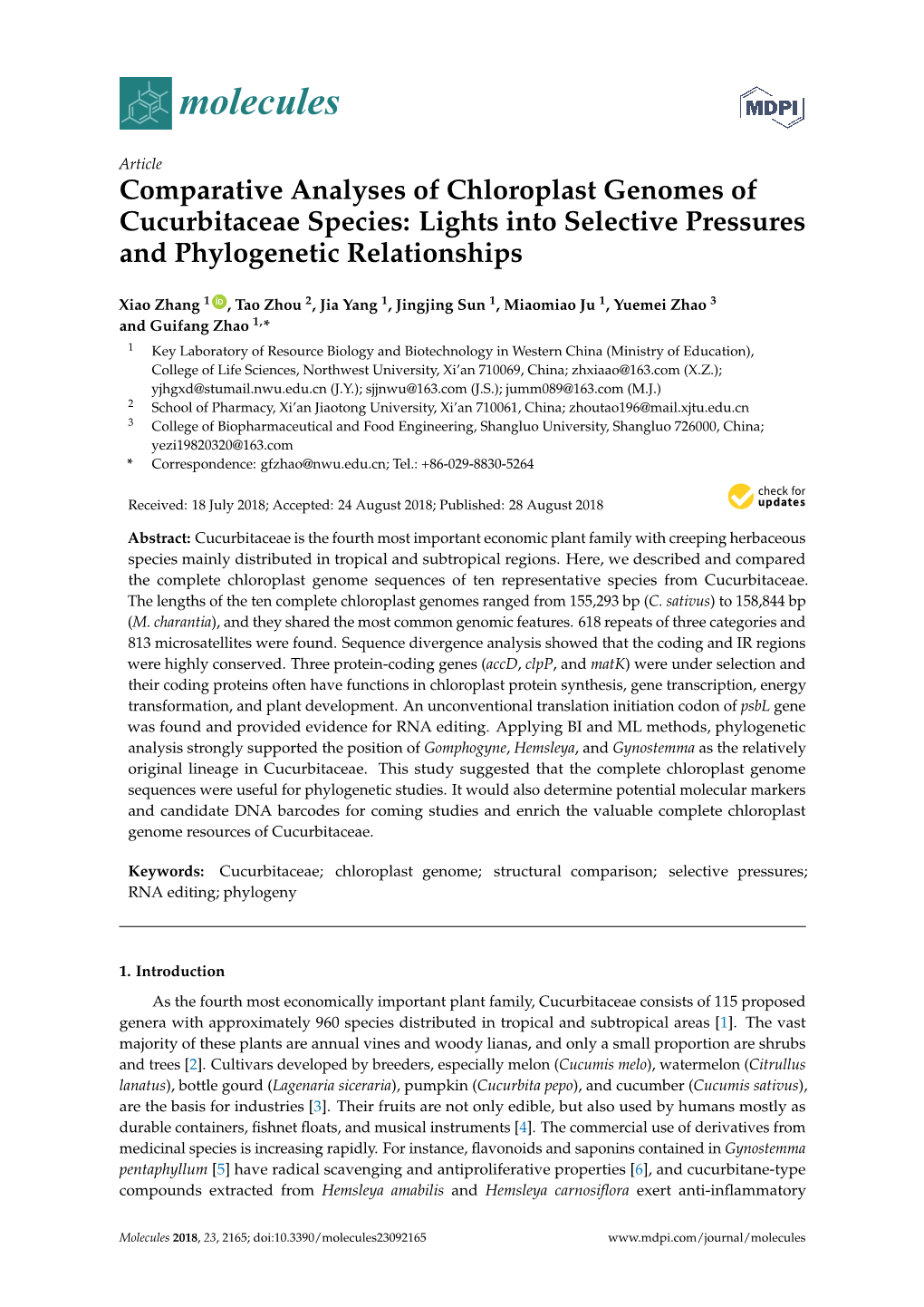 Comparative Analyses of Chloroplast Genomes of Cucurbitaceae Species: Lights Into Selective Pressures and Phylogenetic Relationships