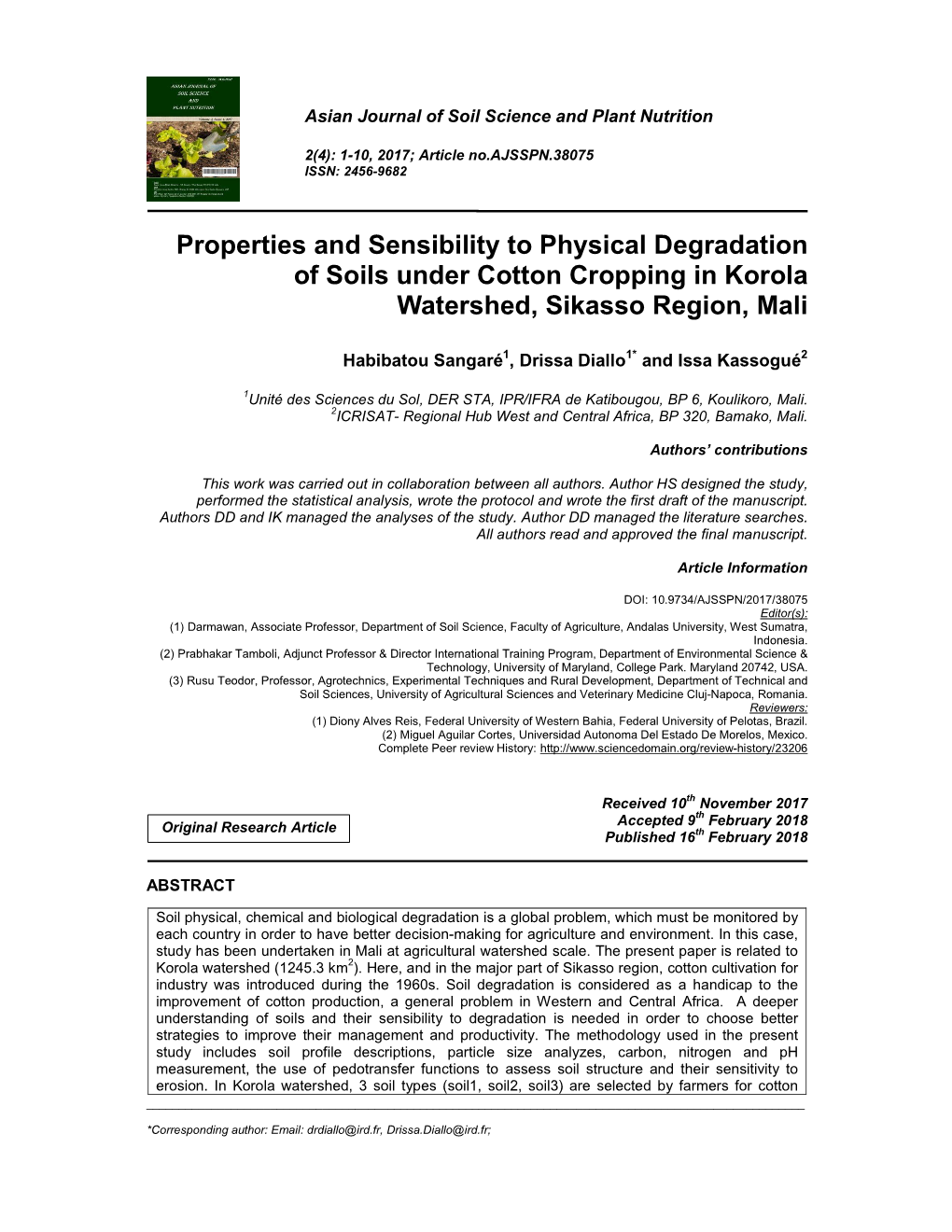 Properties and Sensibility to Physical Degradation of Soils Under Cotton Cropping in Korola Watershed, Sikasso Region, Mali