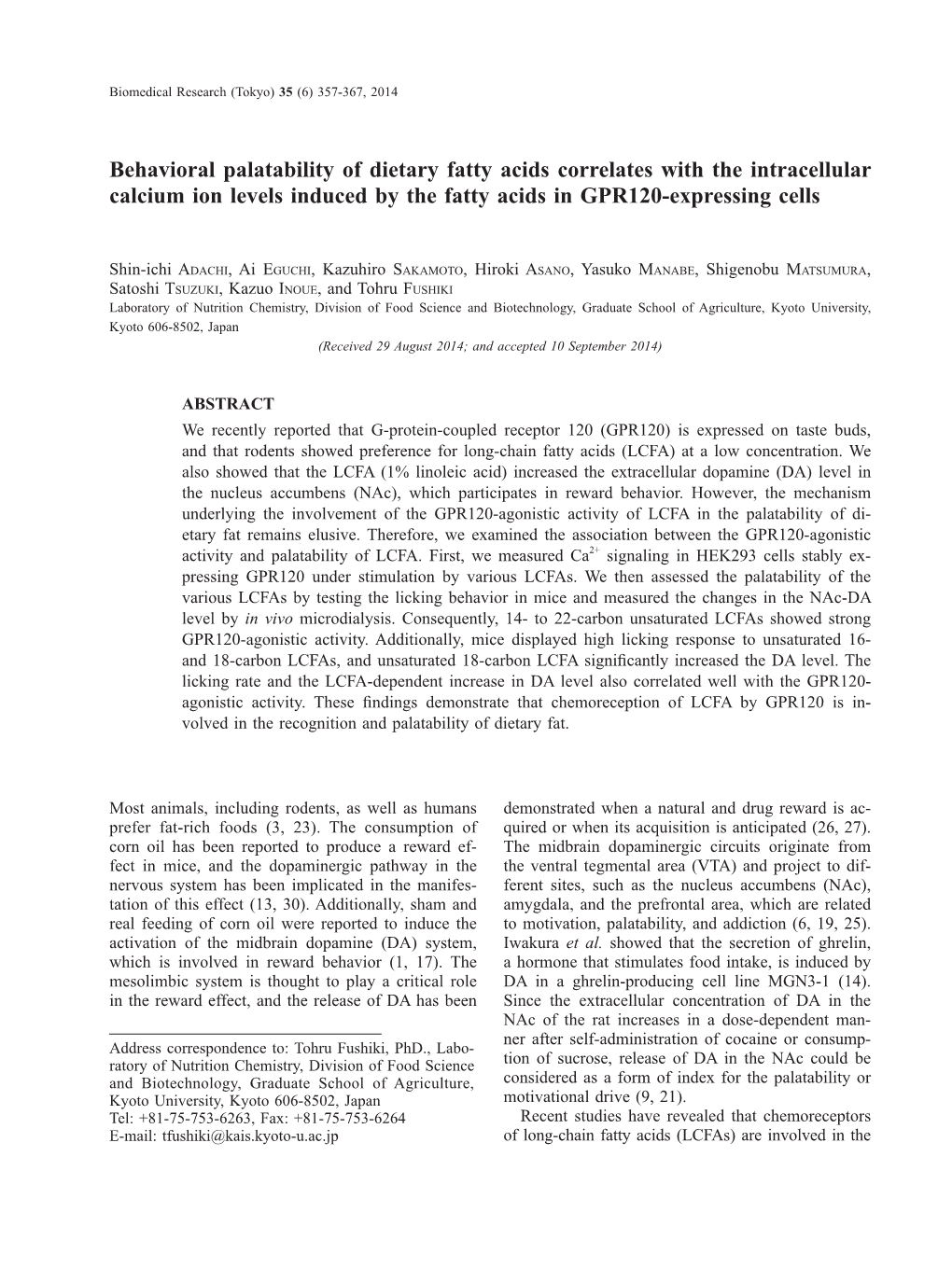 Behavioral Palatability of Dietary Fatty Acids Correlates with the Intracellular Calcium Ion Levels Induced by the Fatty Acids in GPR120-Expressing Cells