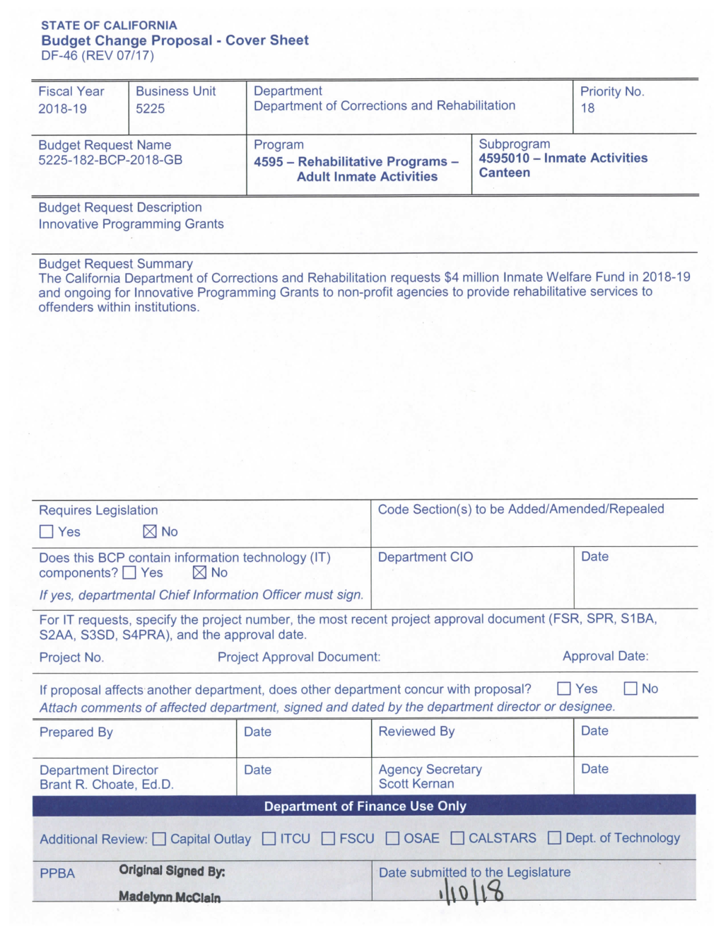 STATE of CALIFORNIA Budget Change Proposal - Cover Sheet DF-46(REV 07/17)