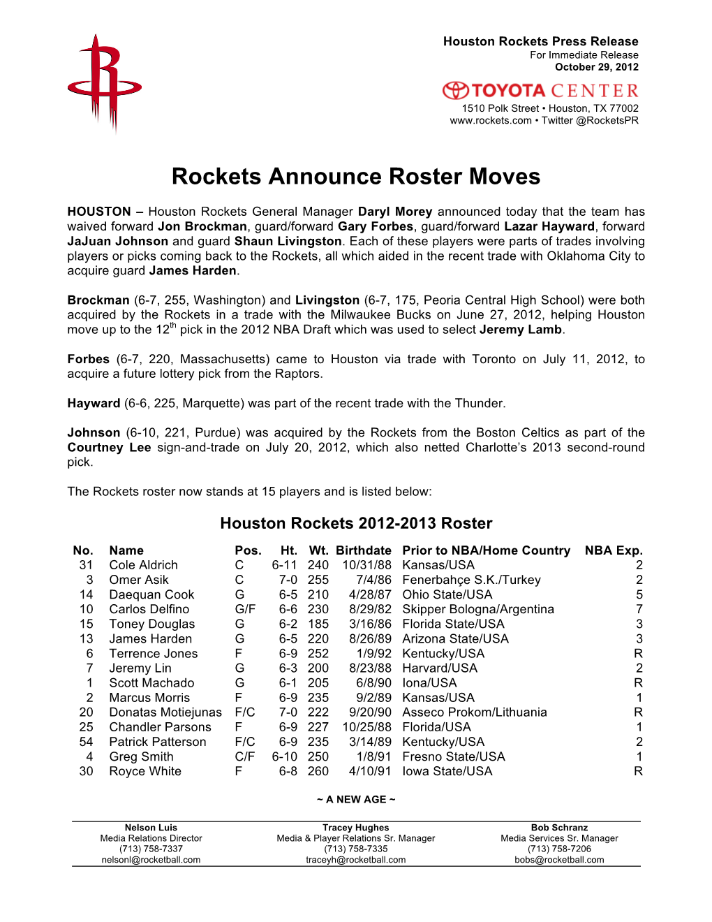 40-Oct 29-Rockets Roster Moves