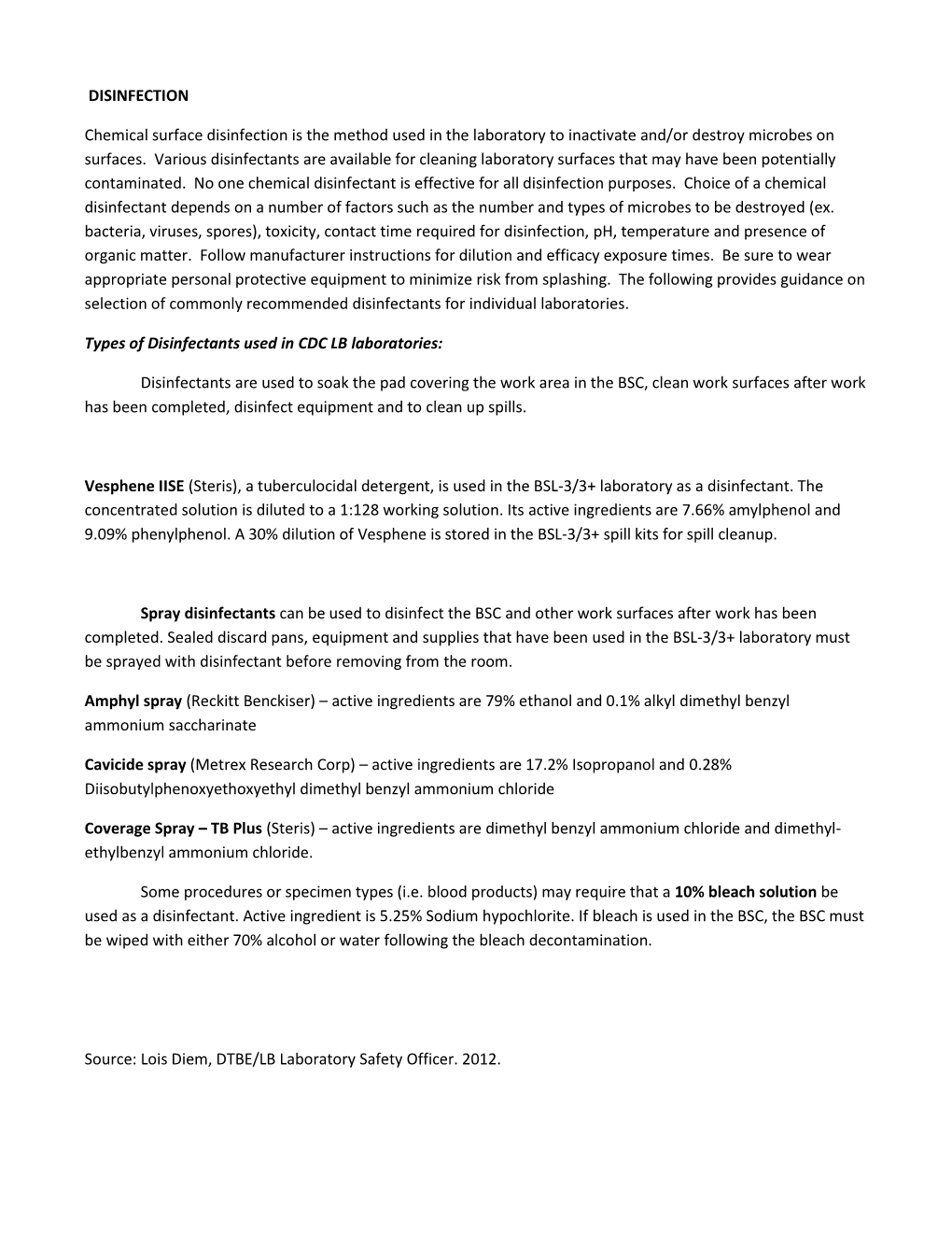 Types of Disinfectants Used in CDC LB Laboratories