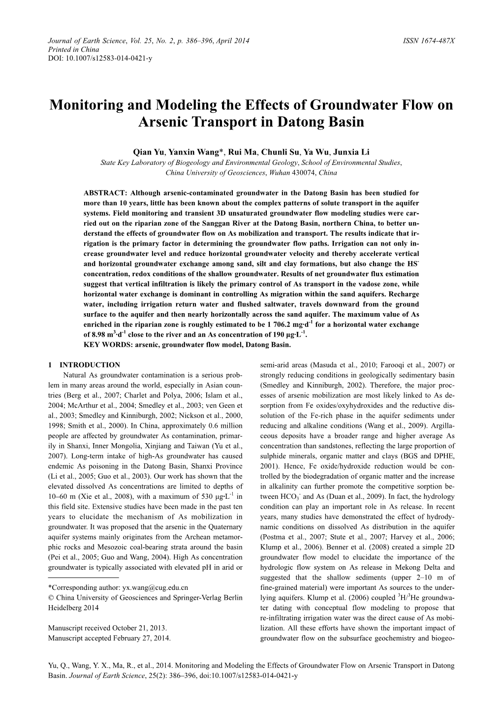 Monitoring and Modeling the Effects of Groundwater Flow on Arsenic Transport in Datong Basin