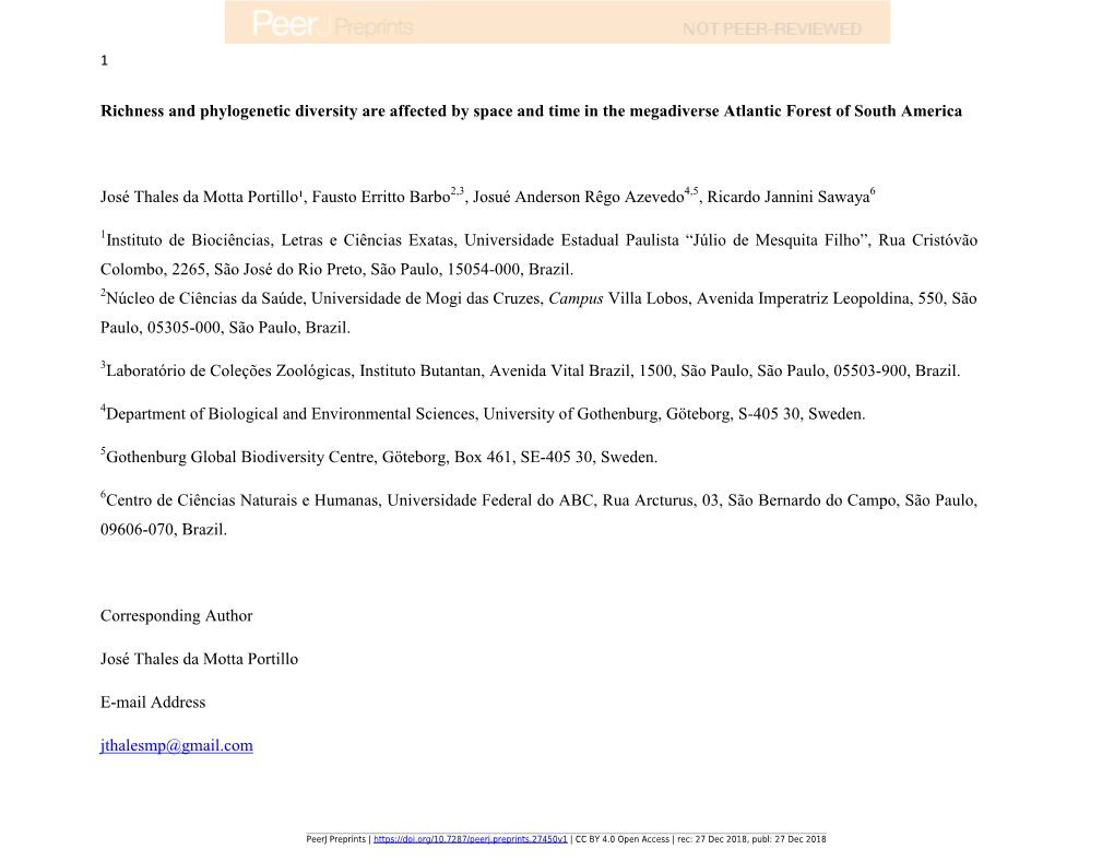 Richness and Phylogenetic Diversity Are Affected by Space and Time in the Megadiverse Atlantic Forest of South America
