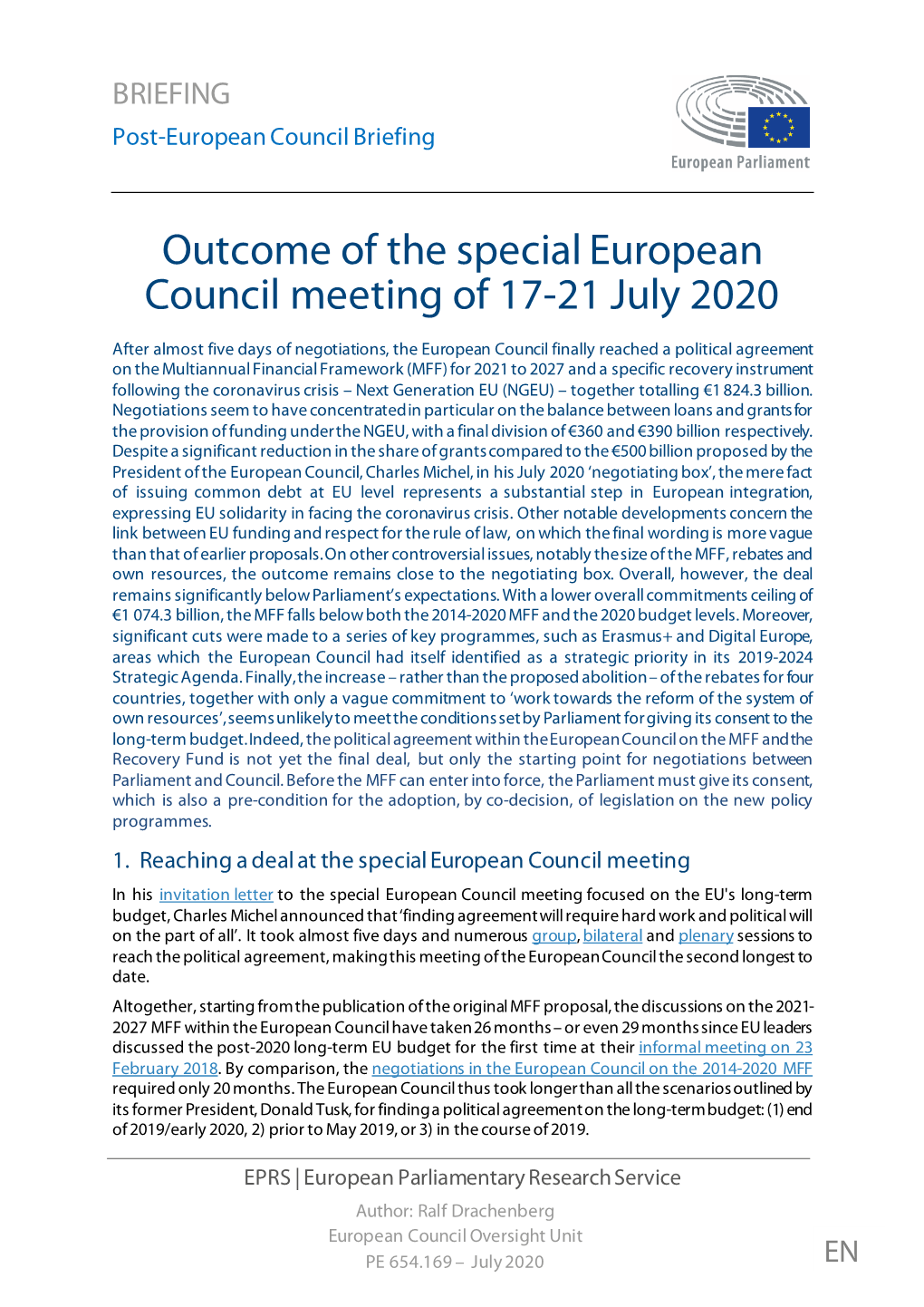 Outcome of the Special European Council Meeting of 17-21 July 2020