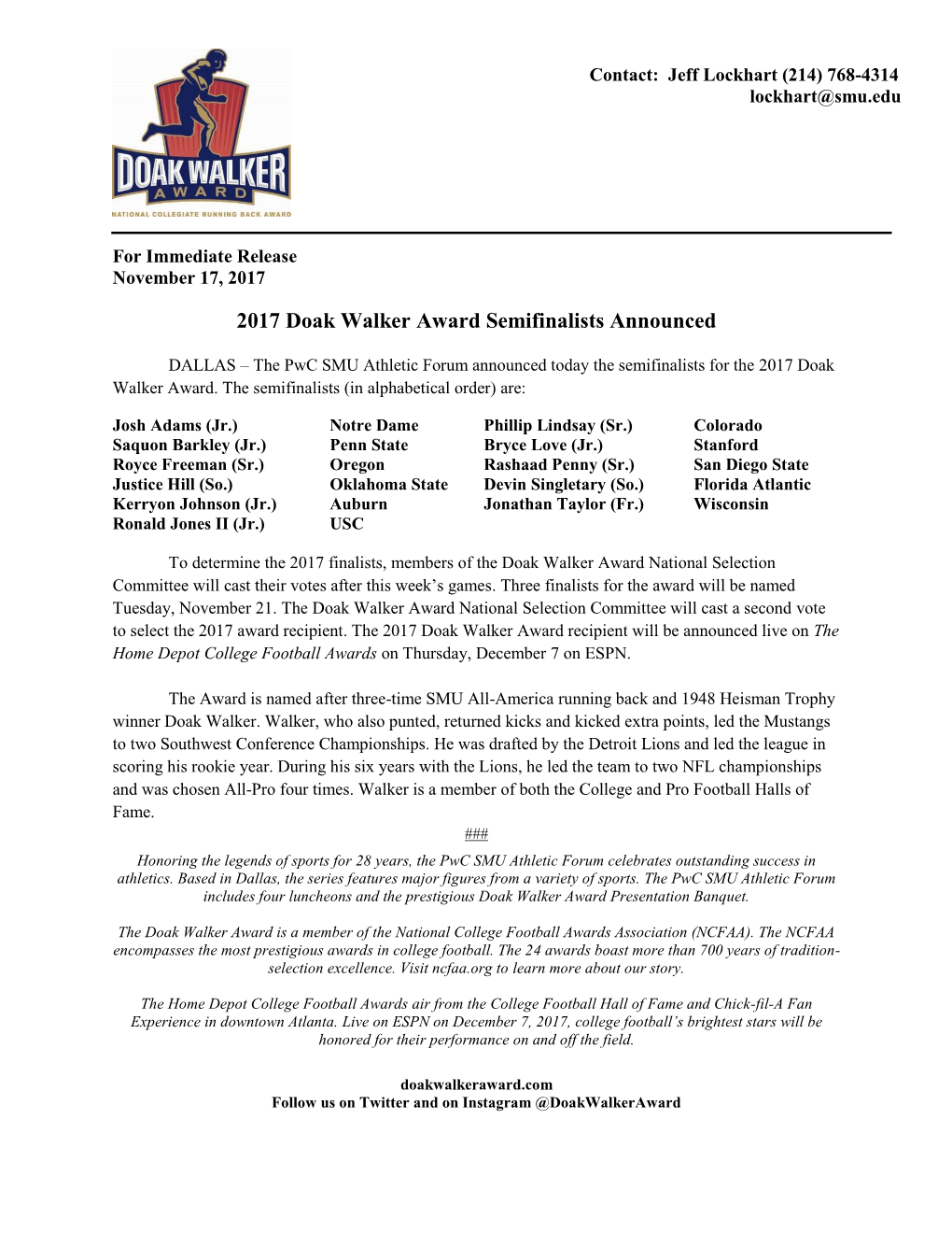 2017 Doak Walker Award Semifinalists Announced