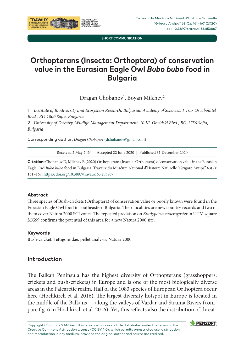 Orthopterans (Insecta: Orthoptera) of Conservation Value in the Eurasian Eagle Owl Bubo Bubo Food in Bulgaria