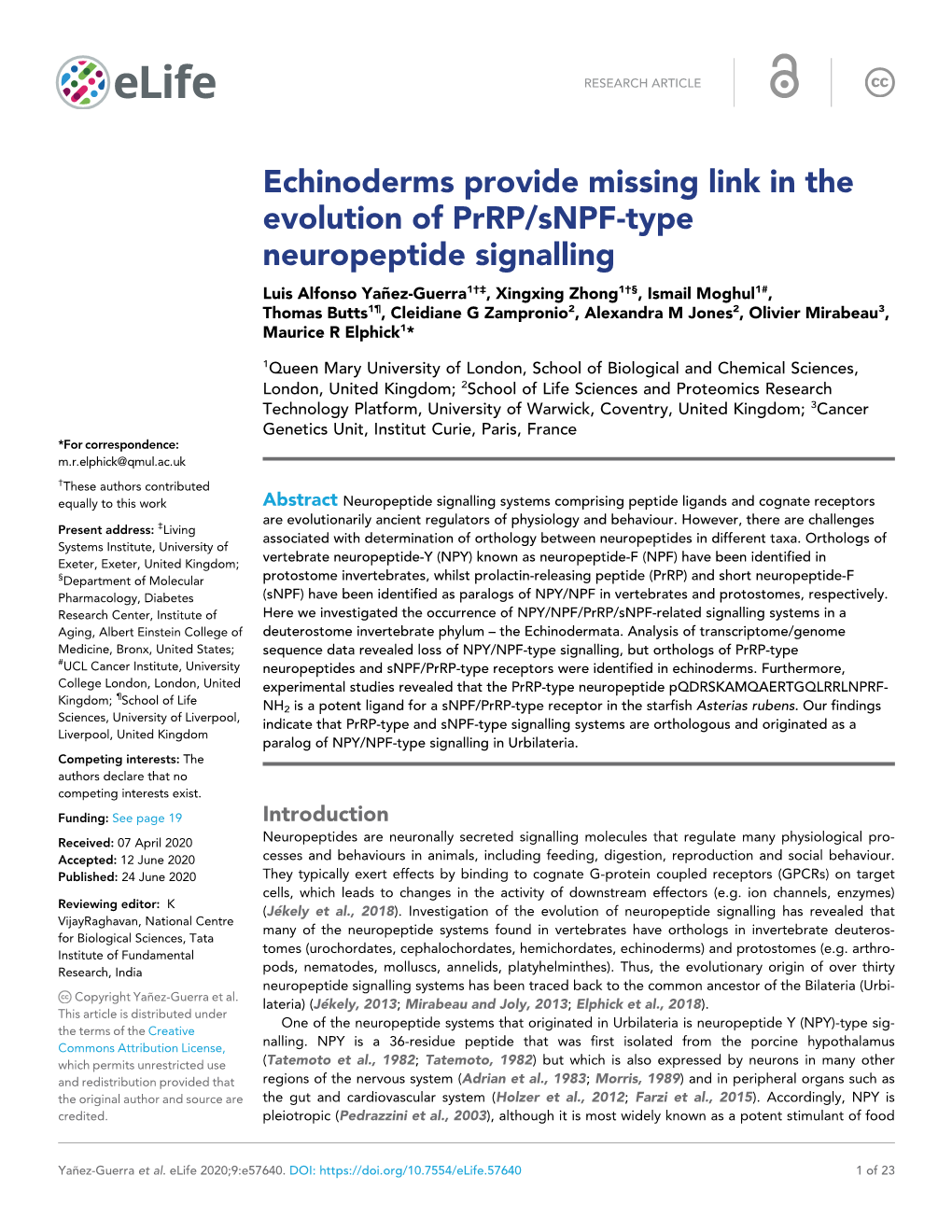 Echinoderms Provide Missing Link in the Evolution of Prrp/Snpf-Type