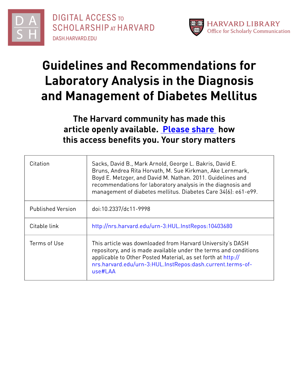 Guidelines and Recommendations for Laboratory Analysis in the Diagnosis and Management of Diabetes Mellitus