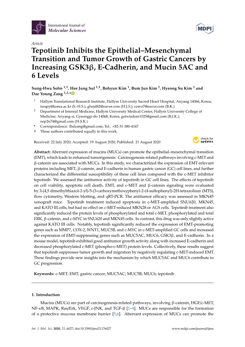Tepotinib Inhibits the Epithelial–Mesenchymal Transition and Tumor Growth of Gastric Cancers by Increasing Gsk3β, E-Cadherin, and Mucin 5AC and 6 Levels